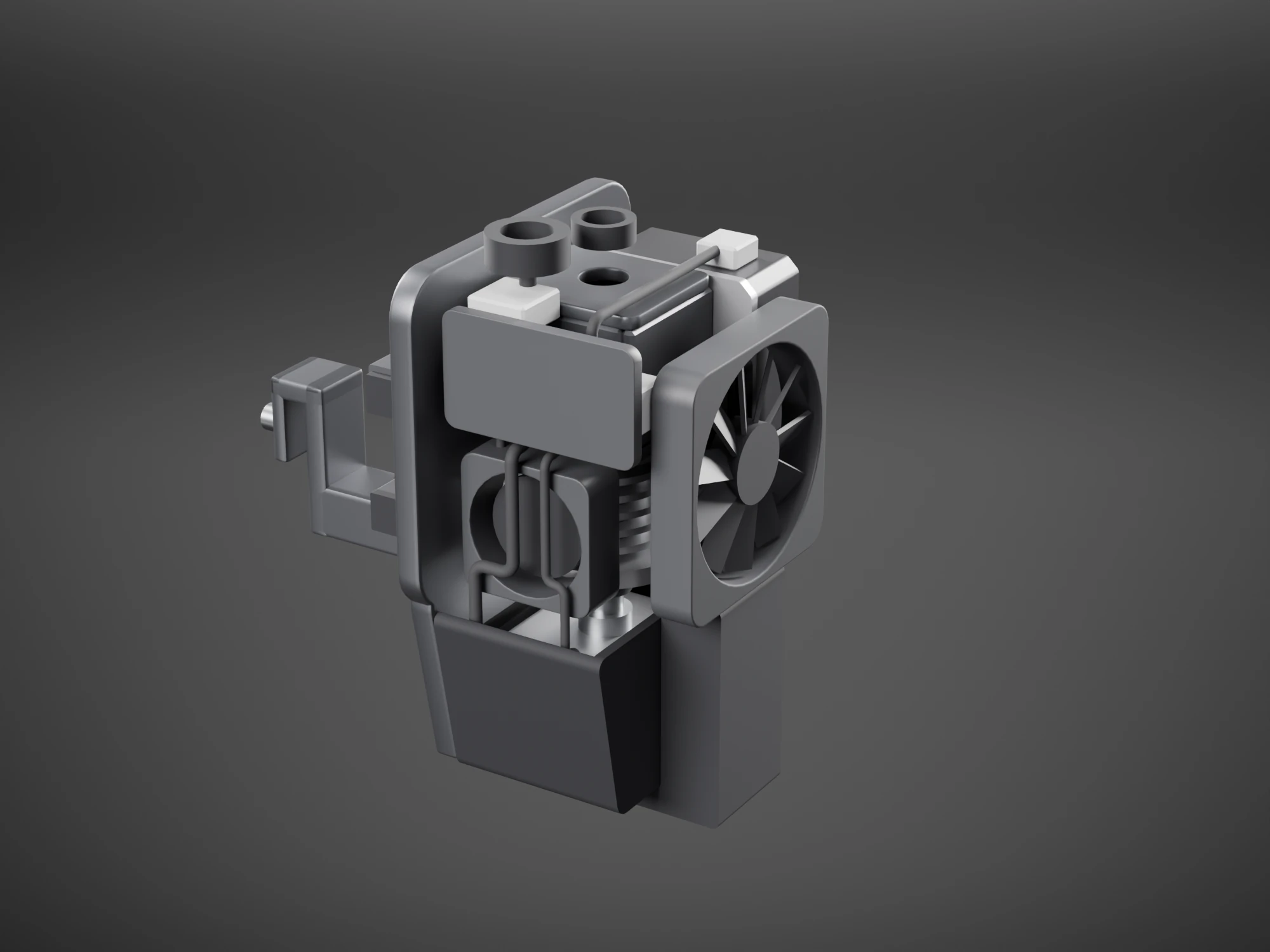 The print head without its shell, seen from the front left: a small board with white connectors on the left wall, thin leads running down beside the heatsink fan to the heater block and across the top to the motor, and the nozzle at the bottom