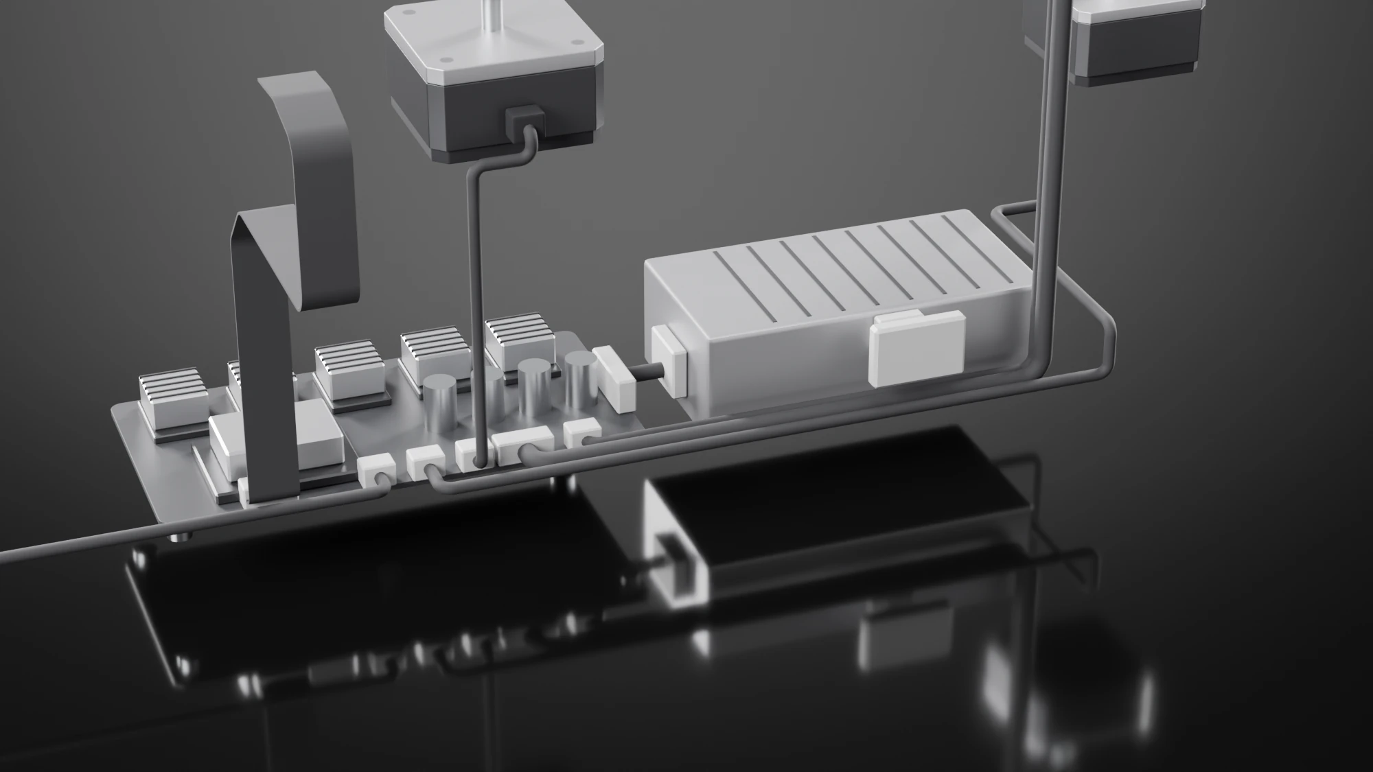 Close-up of the controller board and the power supply from behind: cables lying along the floor behind the board, each turning into its own white connector, and the flat bed cable coming down behind it