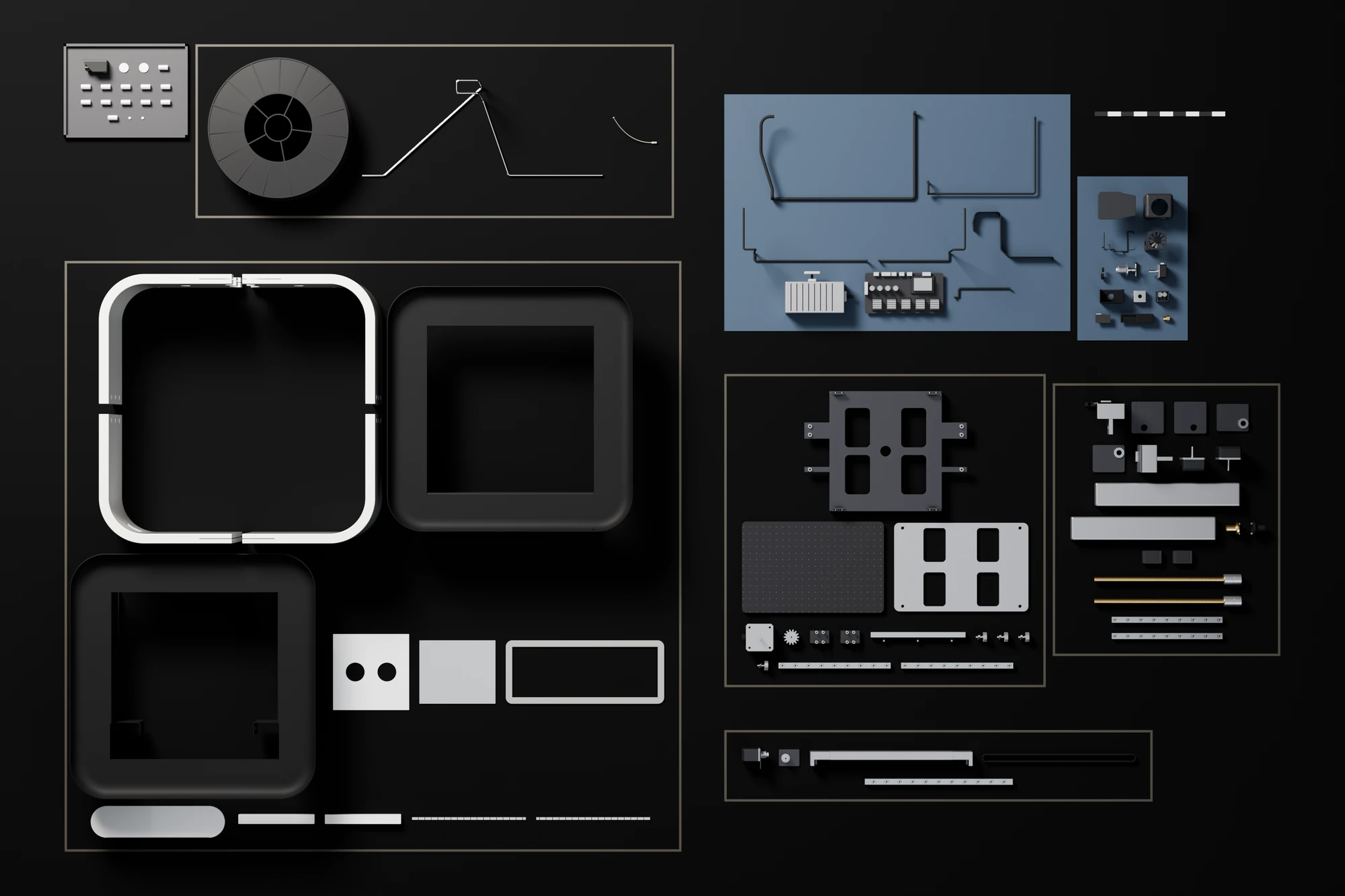 Render of every part of the printer laid flat on a dark floor, seen from above. Left: a tray of rivets and small parts, the reel with its arm, the white and black housing shells and the liner sheets. Right: the print system redrawn in 2026, with the cables, controller board and power supply on one blue mat and the toolhead's parts on another, the bed's plate, carrier and tray, the Z towers with their brass lead screws, and the X beam, rail and belt.