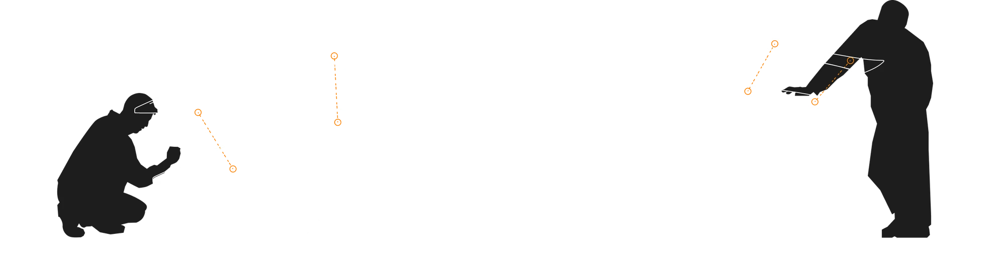 Line drawing of the Draco in side elevation with its front and rear body panels raised on their hinges, the hinge points marked in orange, and two people working on it