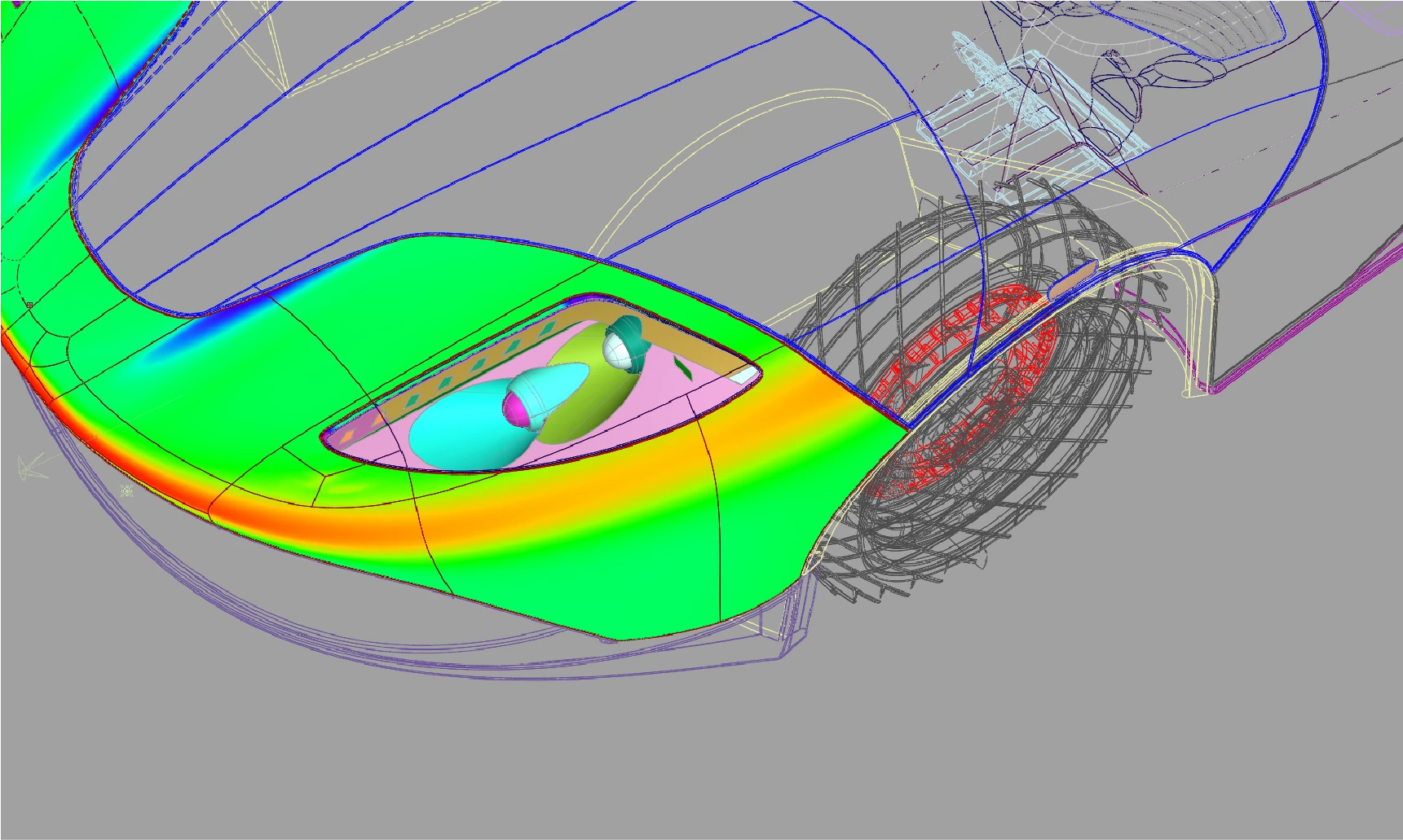 Curvature analysis of the front-light mount, shaded in rainbow bands