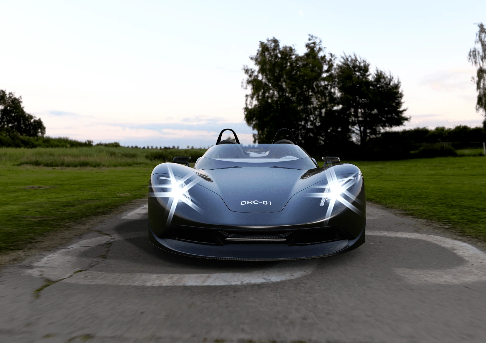 Render of the Draco head-on with its headlights on, set on a photographed backdrop