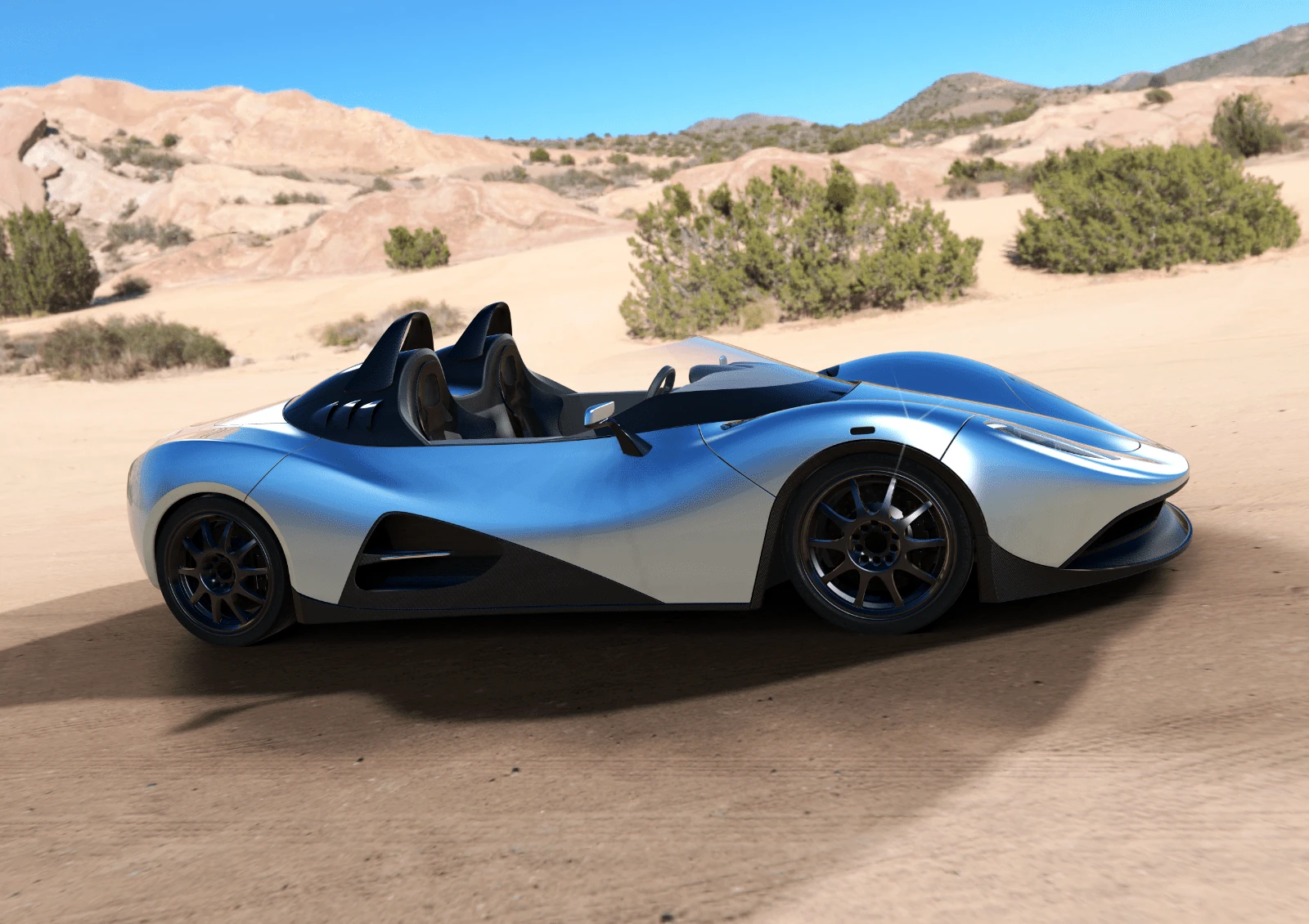 Render of the Draco in side profile in the desert, set on a photographed backdrop