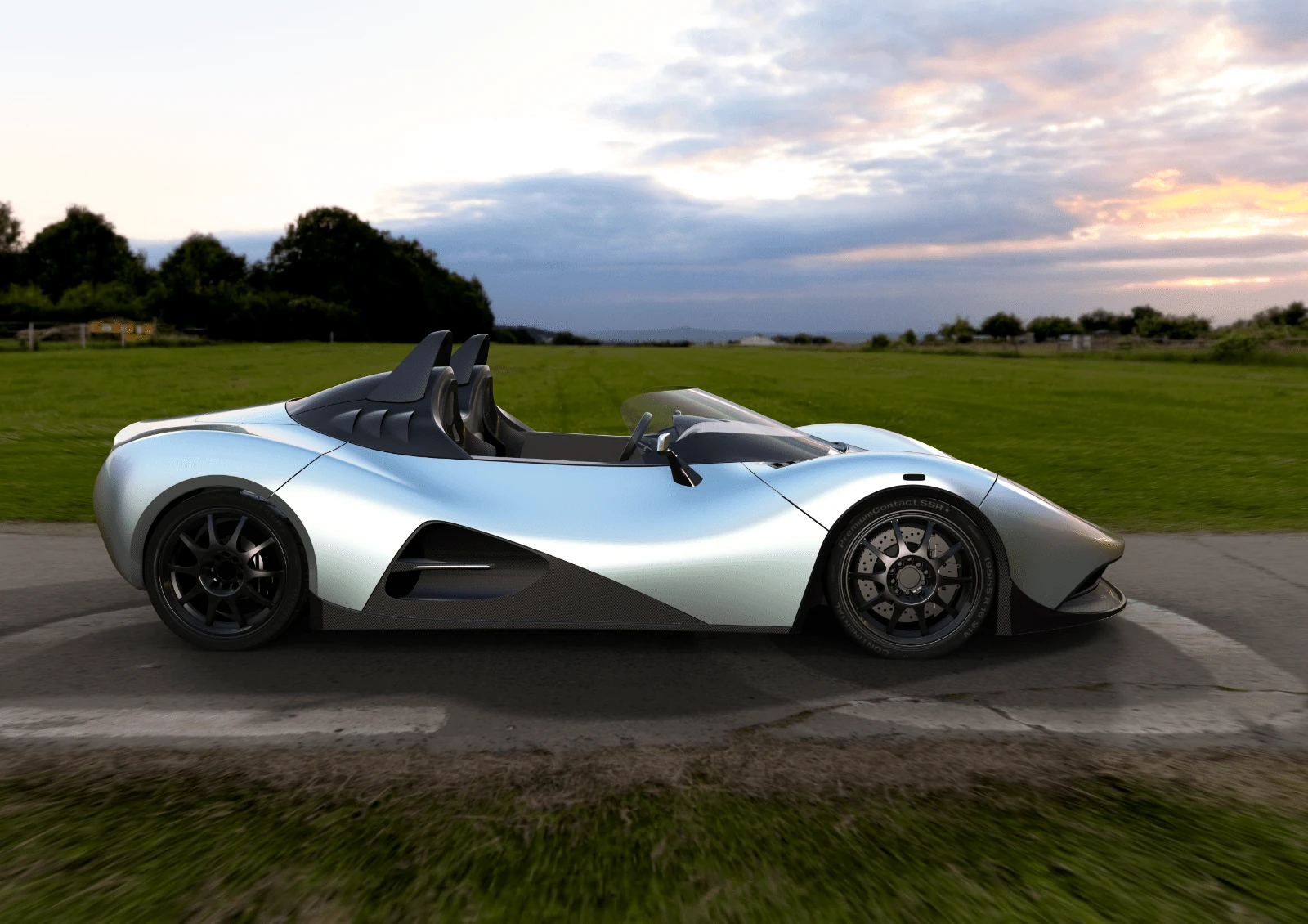 Render of the Draco on a road at dusk, in profile, set on a photographed backdrop
