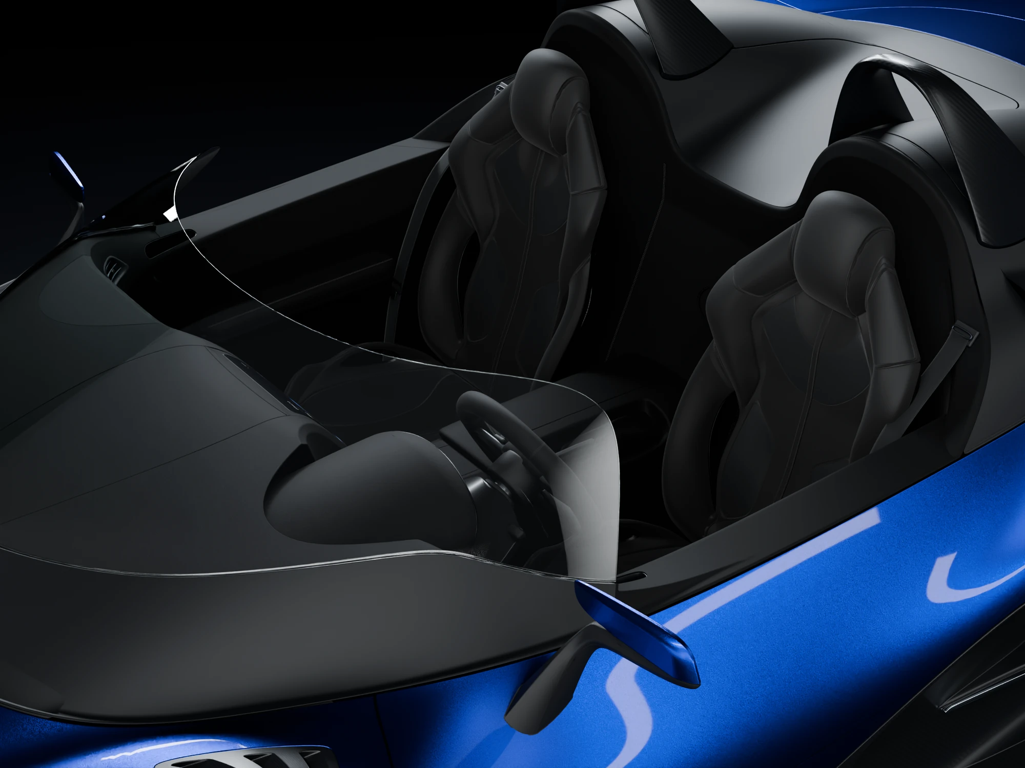 The Draco's cockpit from above and behind, two black sport seats