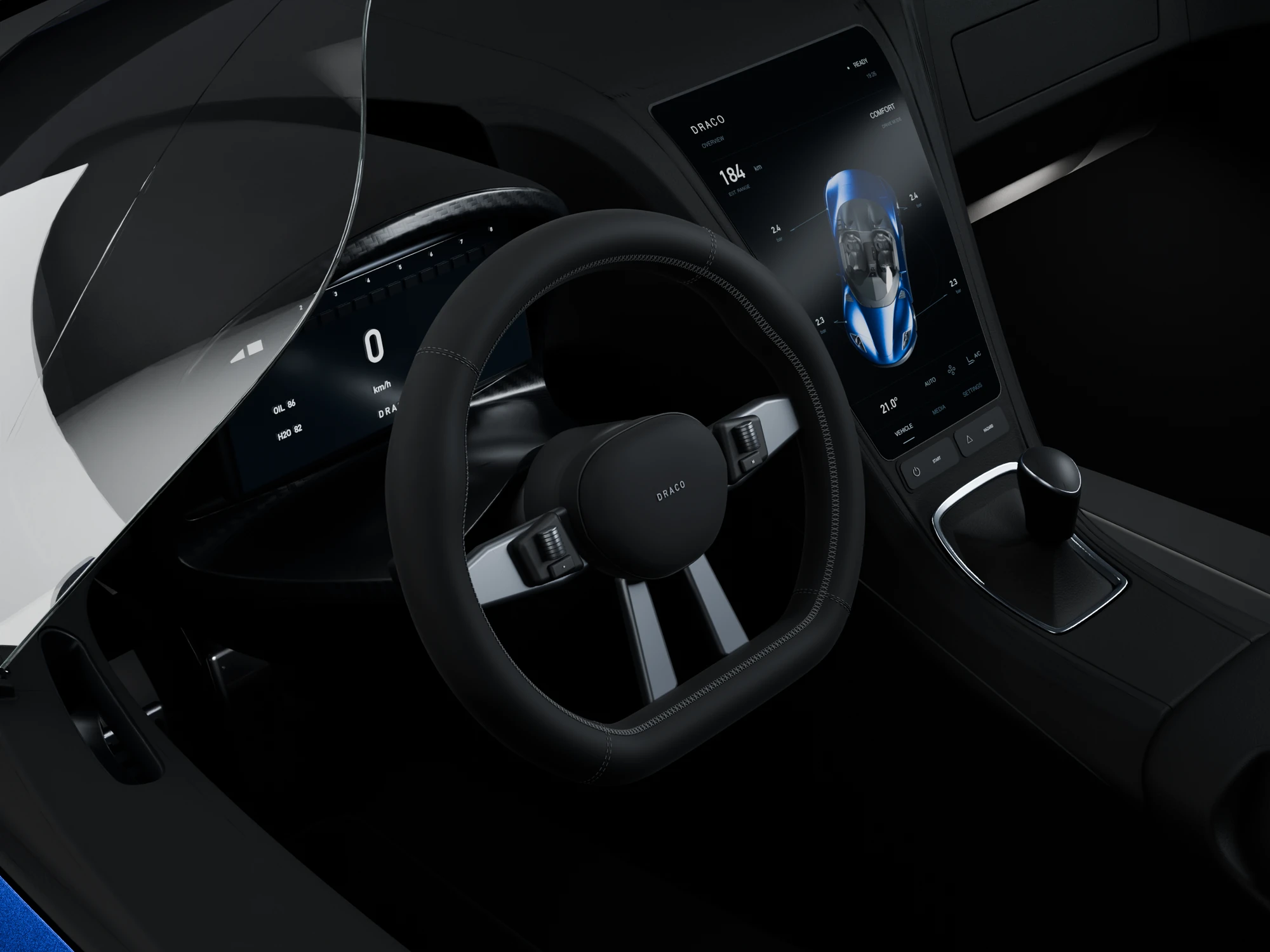 The Draco's steering wheel, instruments and centre screen