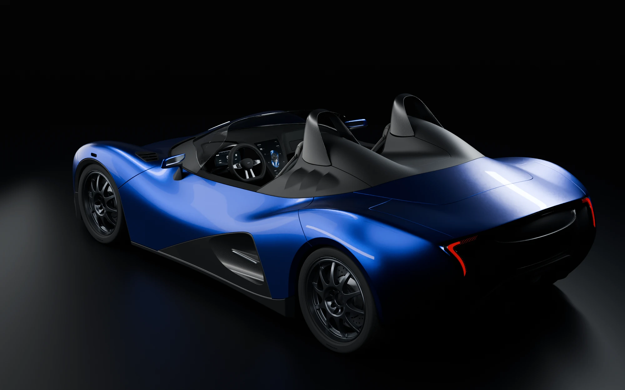 Draco in cobalt blue, three-quarter rear view in the studio
