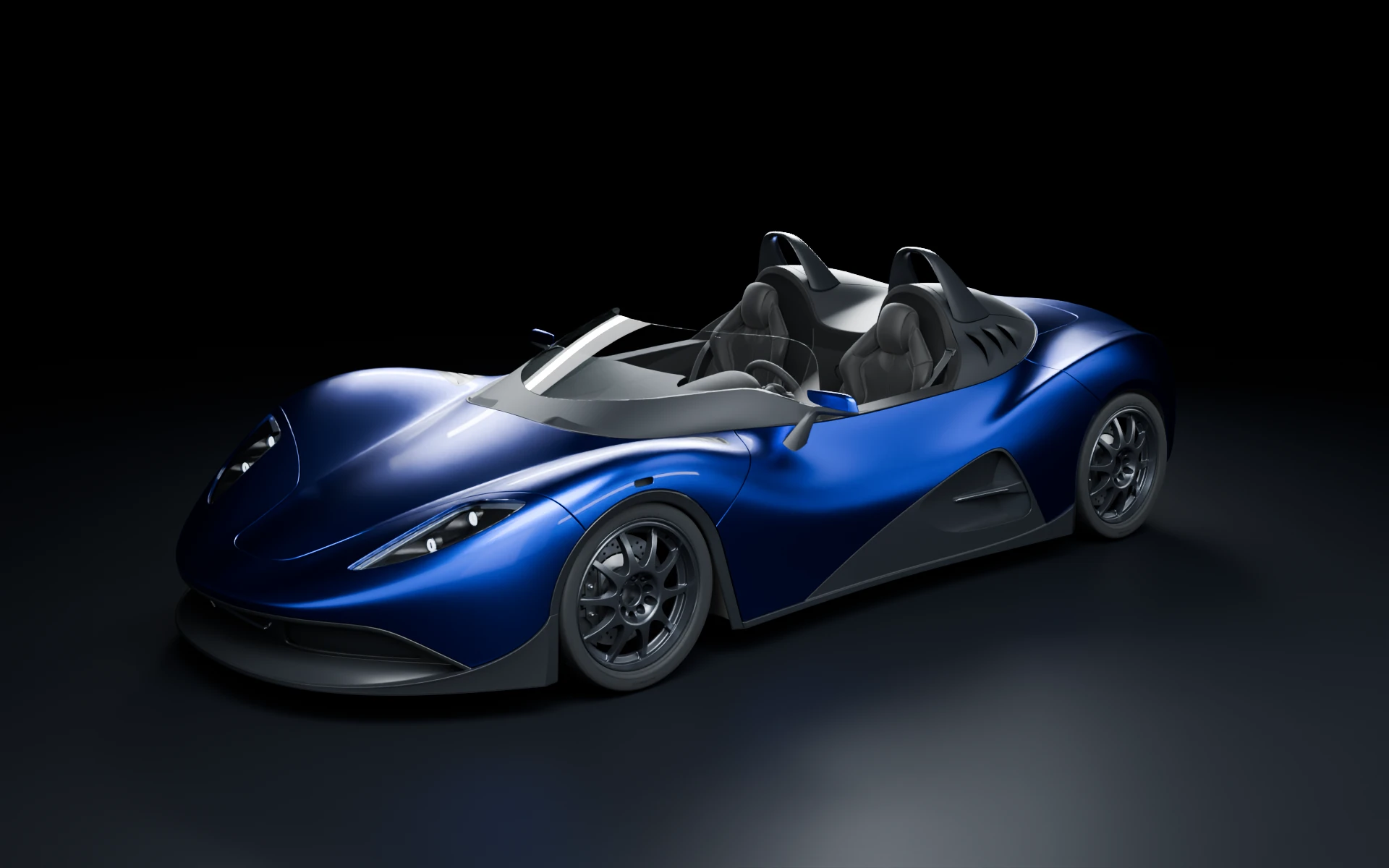 Draco in cobalt blue, three-quarter front view in a dark studio