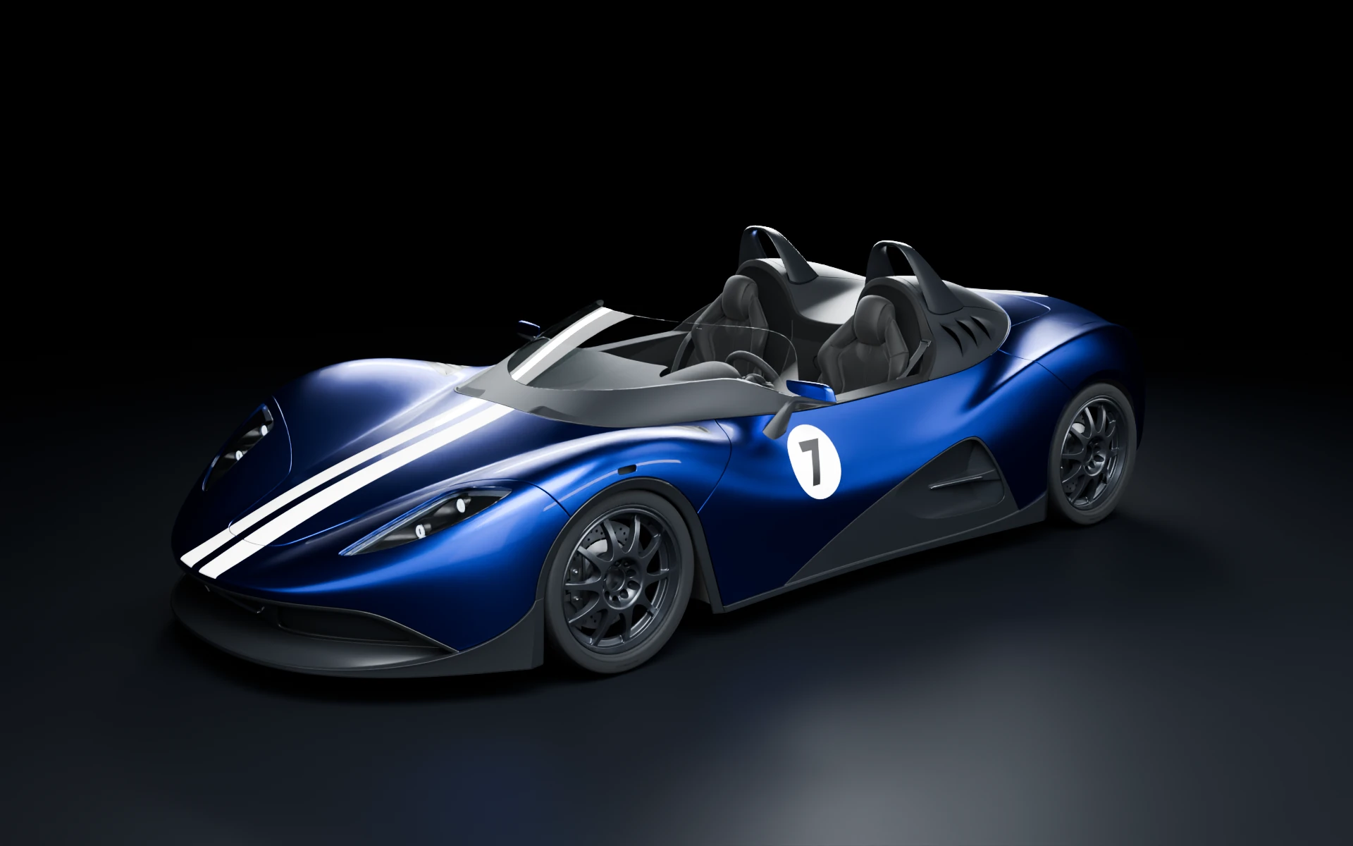 Draco in cobalt with twin white stripes and a white roundel with the number 7