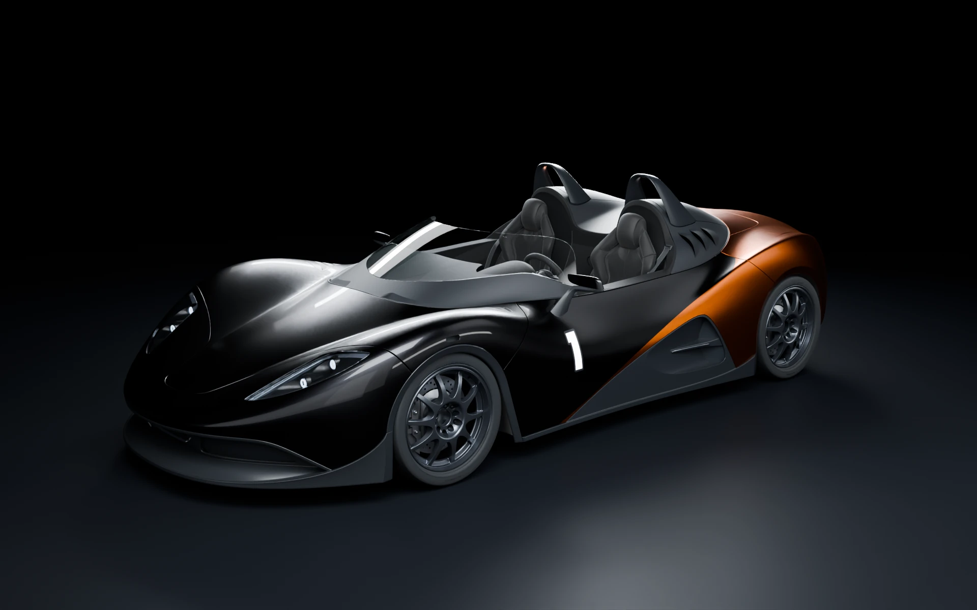 Draco in black with an orange rear, the colour cut along the diagonal crease of the flank, a white 1 on the door