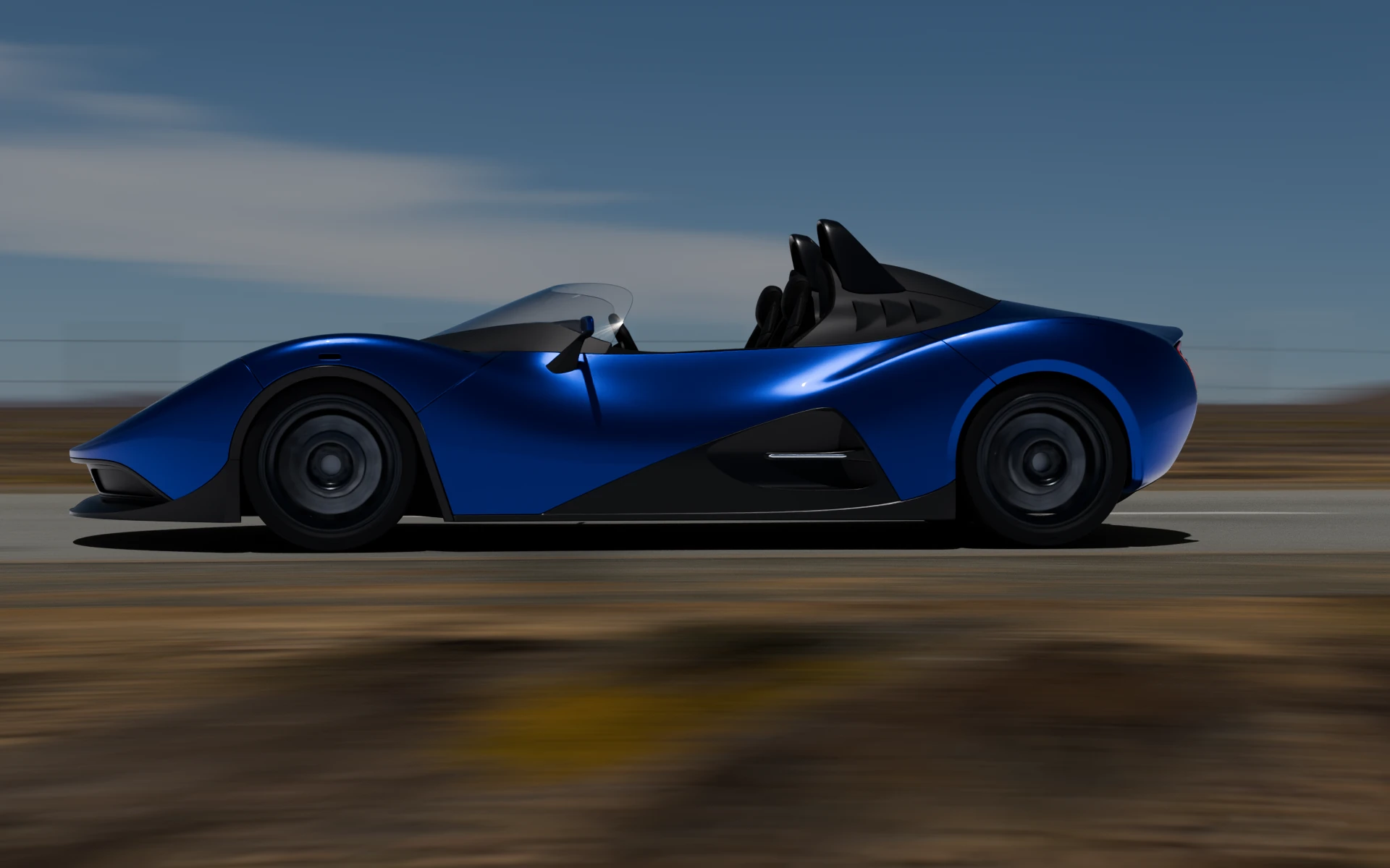 Draco in cobalt driving along an empty desert road in profile, the road and the scrub streaked behind it