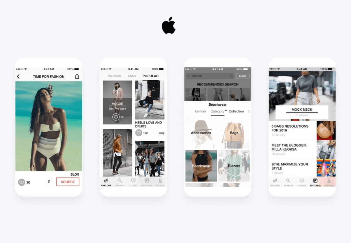 iOS screens of the Gleam app: editorial, browse and product pages
