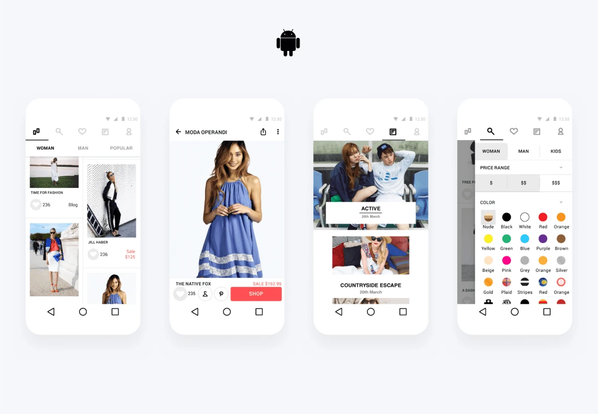 Android screens of the Gleam app, with filters and colour selection