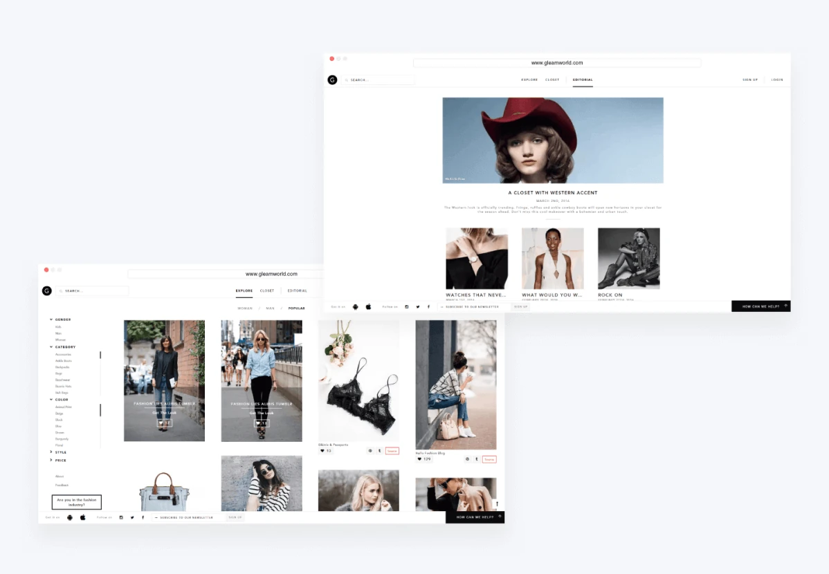 Screens of the Gleam website: editorial, browse and product pages