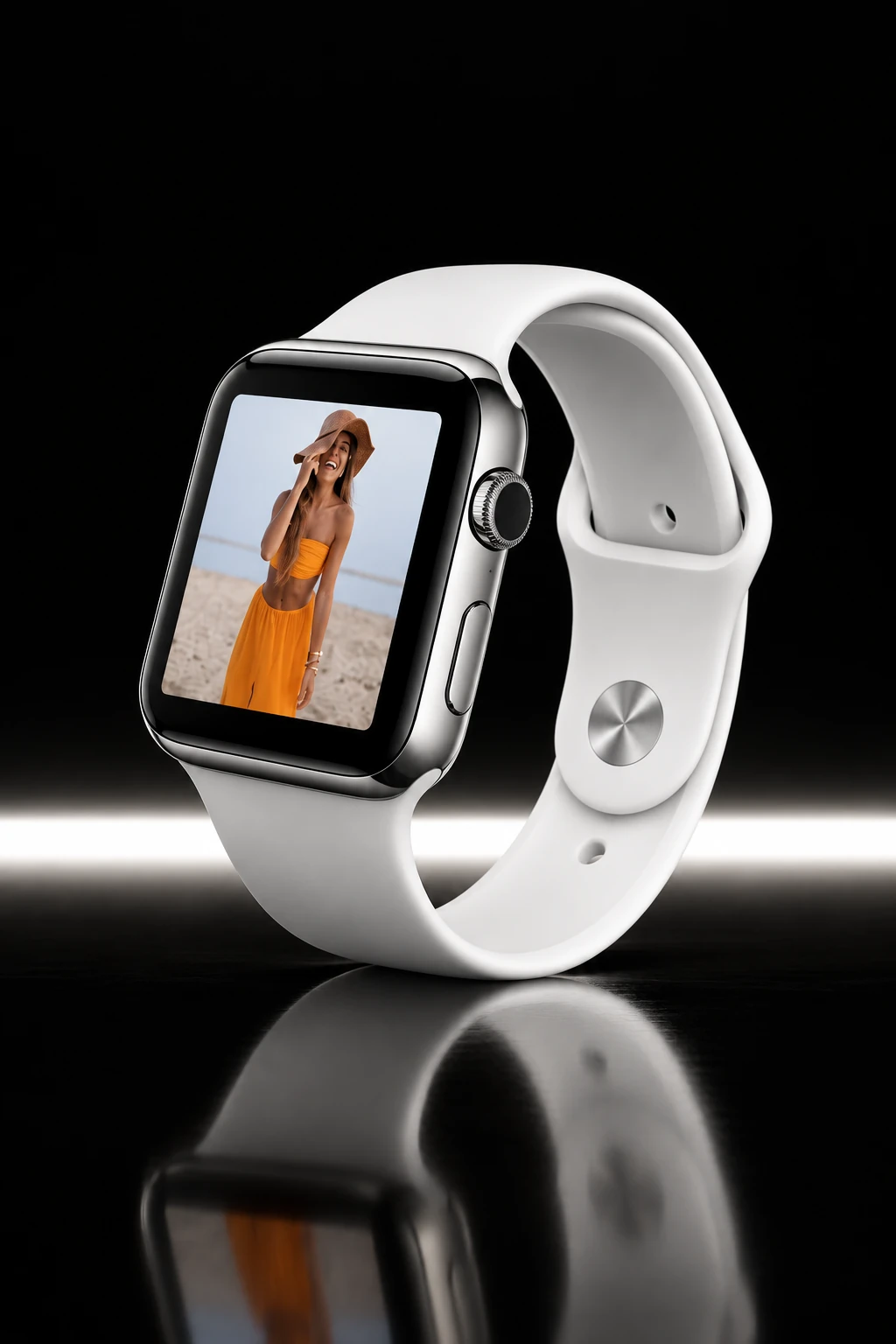 Gleam on an Apple Watch, on a black studio floor