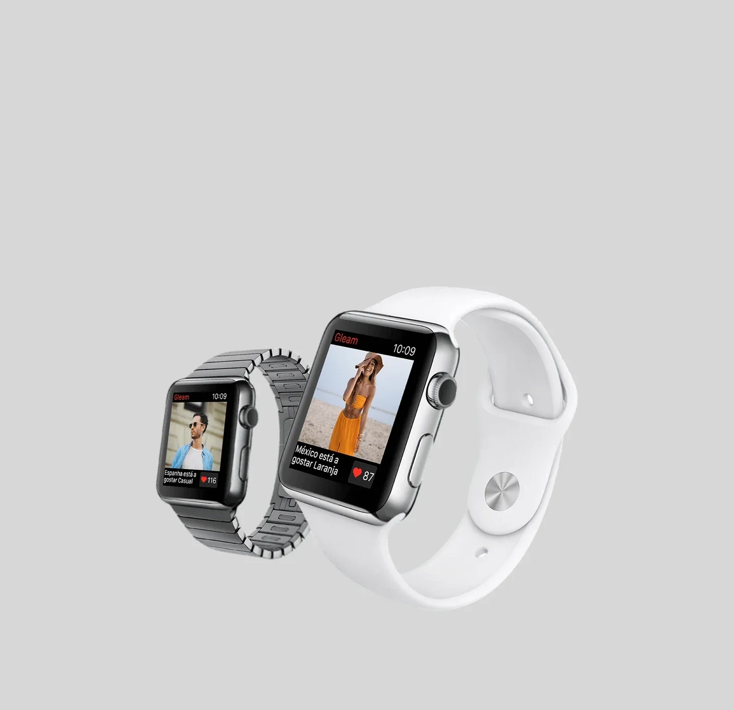 Gleam on two Apple Watches, showing a liked look in the daily feed