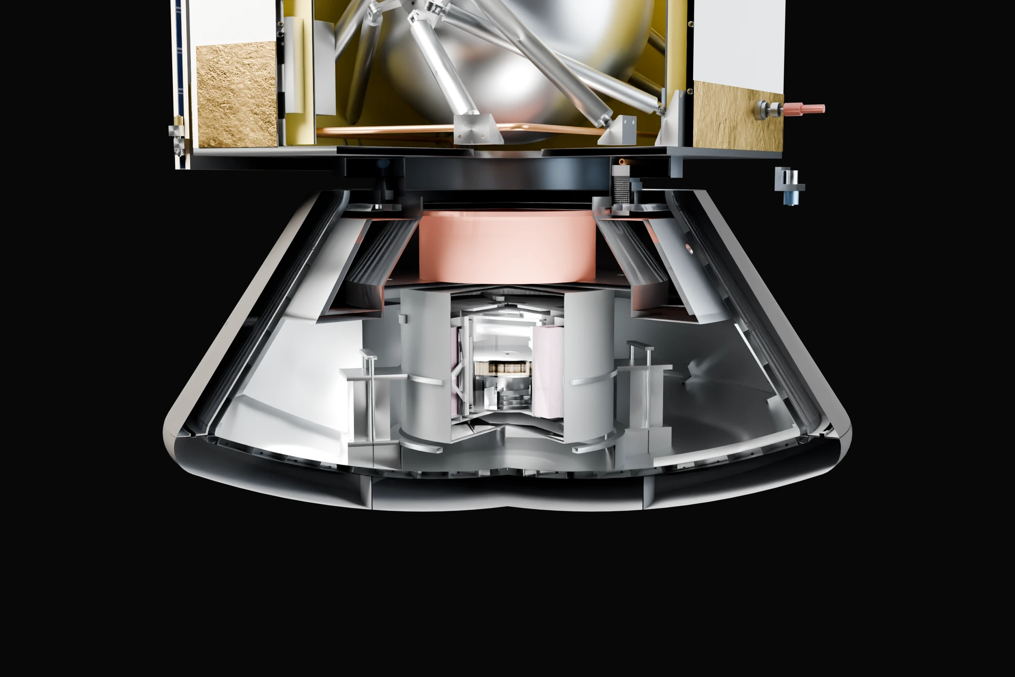 Cutaway of the return capsule under the floor of the service module: the PICA shell and its structure opened widest, the parachute bay and drogue pack opened less, and the lab inside