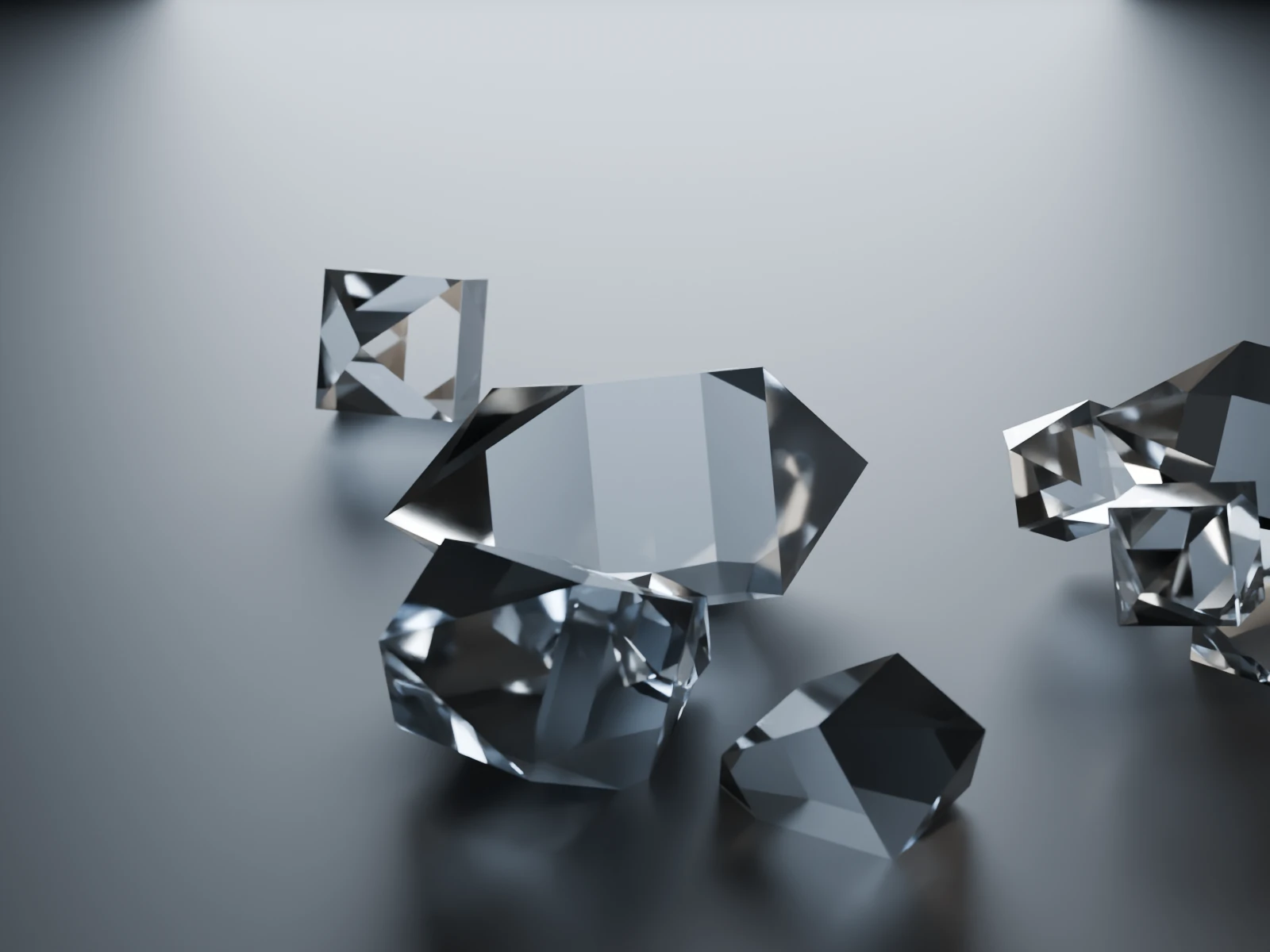 Illustration of a few clear faceted crystals on a grey satin floor, lit from behind and from the side