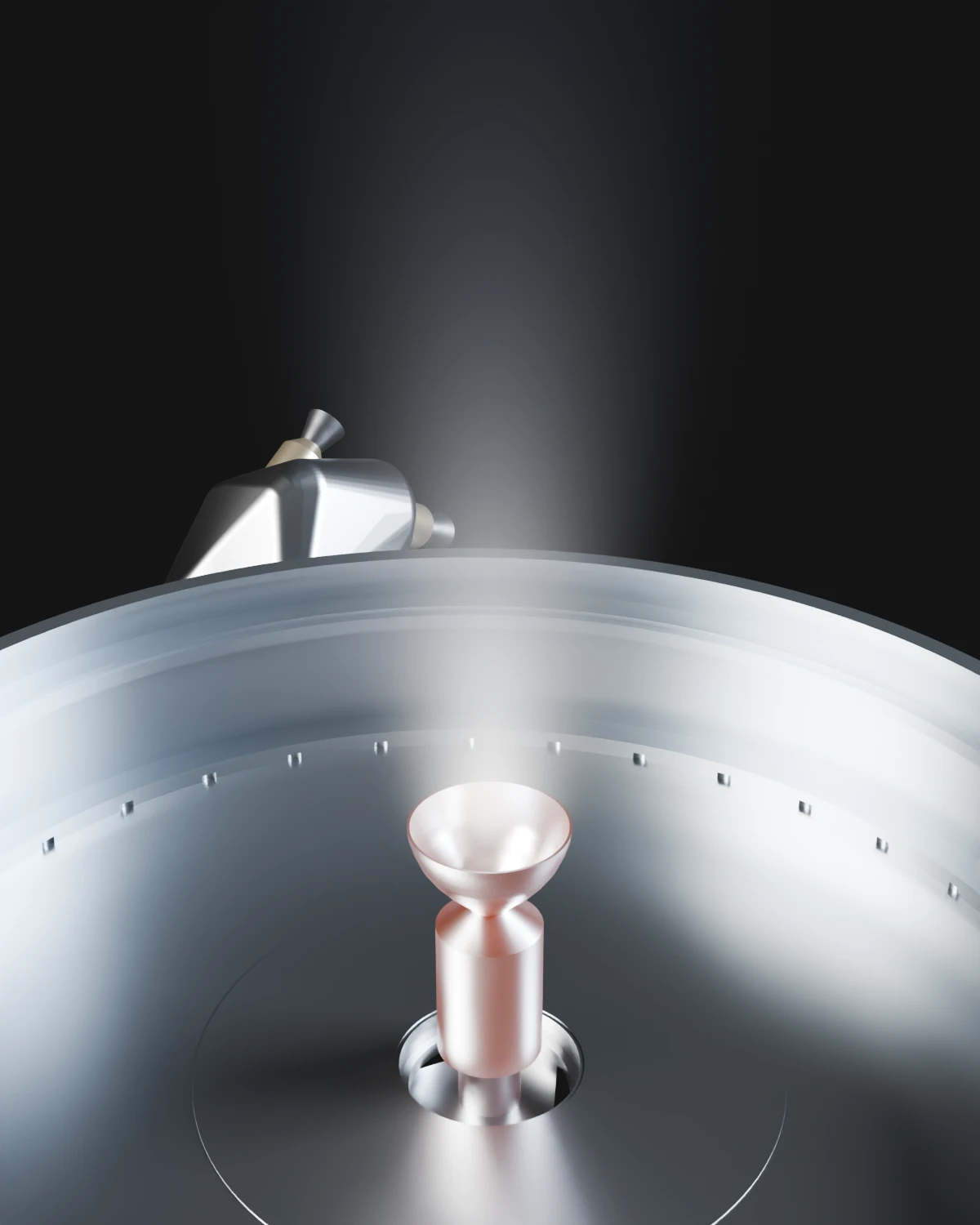 Illustration of the main engine firing in orbit: the small engine on the top deck inside the launch ring, glowing faintly, its exhaust rising as a pale column