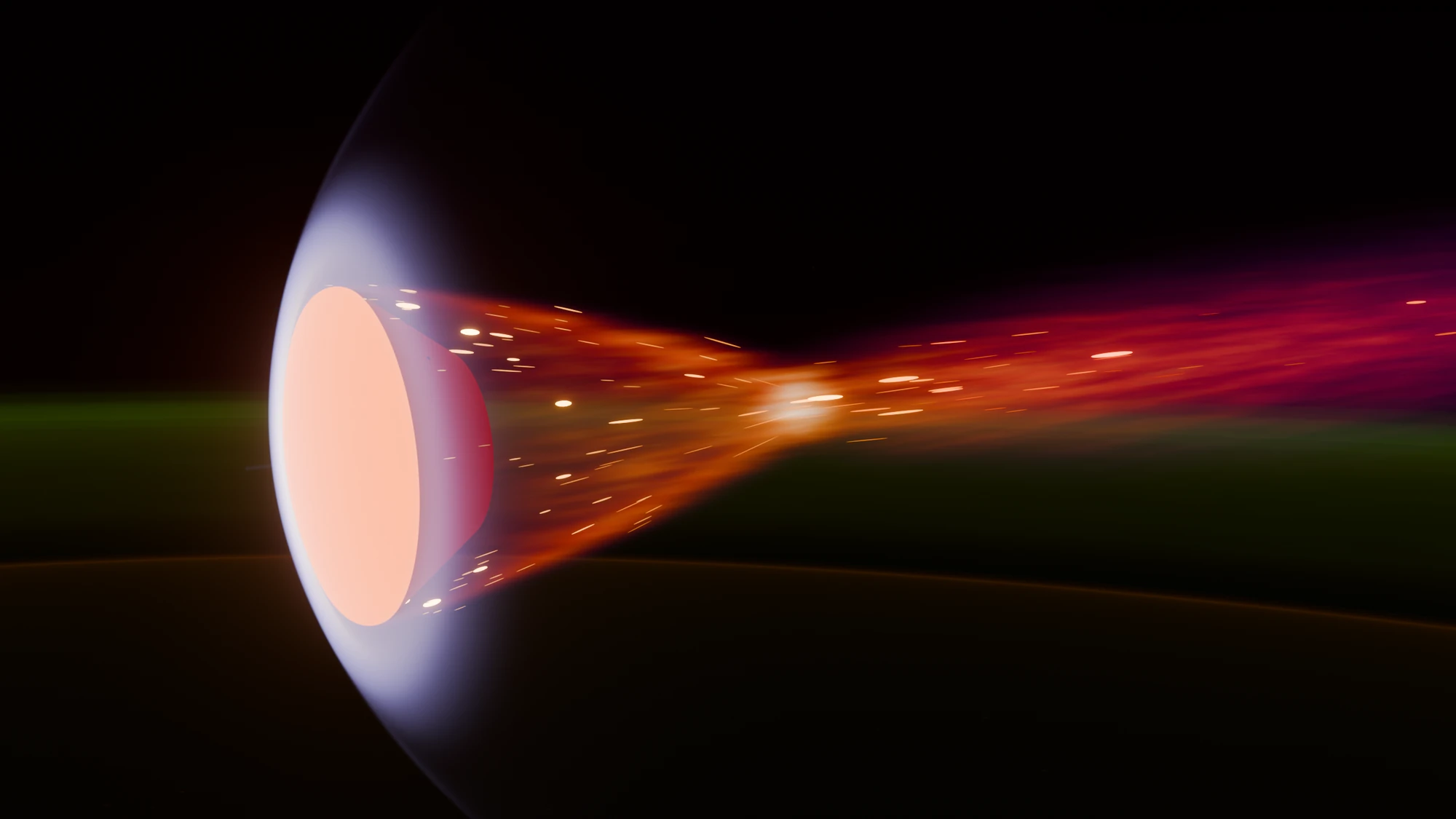 The return capsule in entry over the night side of the Earth, heat shield first and glowing orange, a thin bright shock layer round it, the hot flow behind it closing to a narrow neck and streaming away as a long orange and red trail