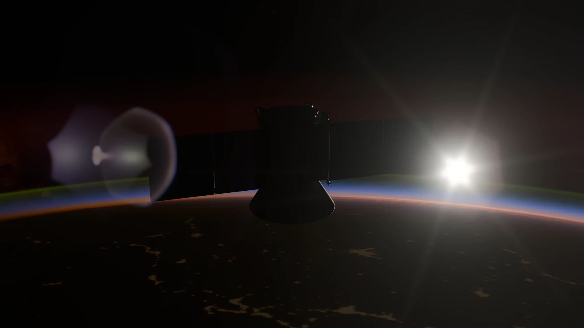 The Nazaré spacecraft as a dark silhouette at sunrise, the Sun at the Earth's limb to its right with a lens flare, city lights on the night side below