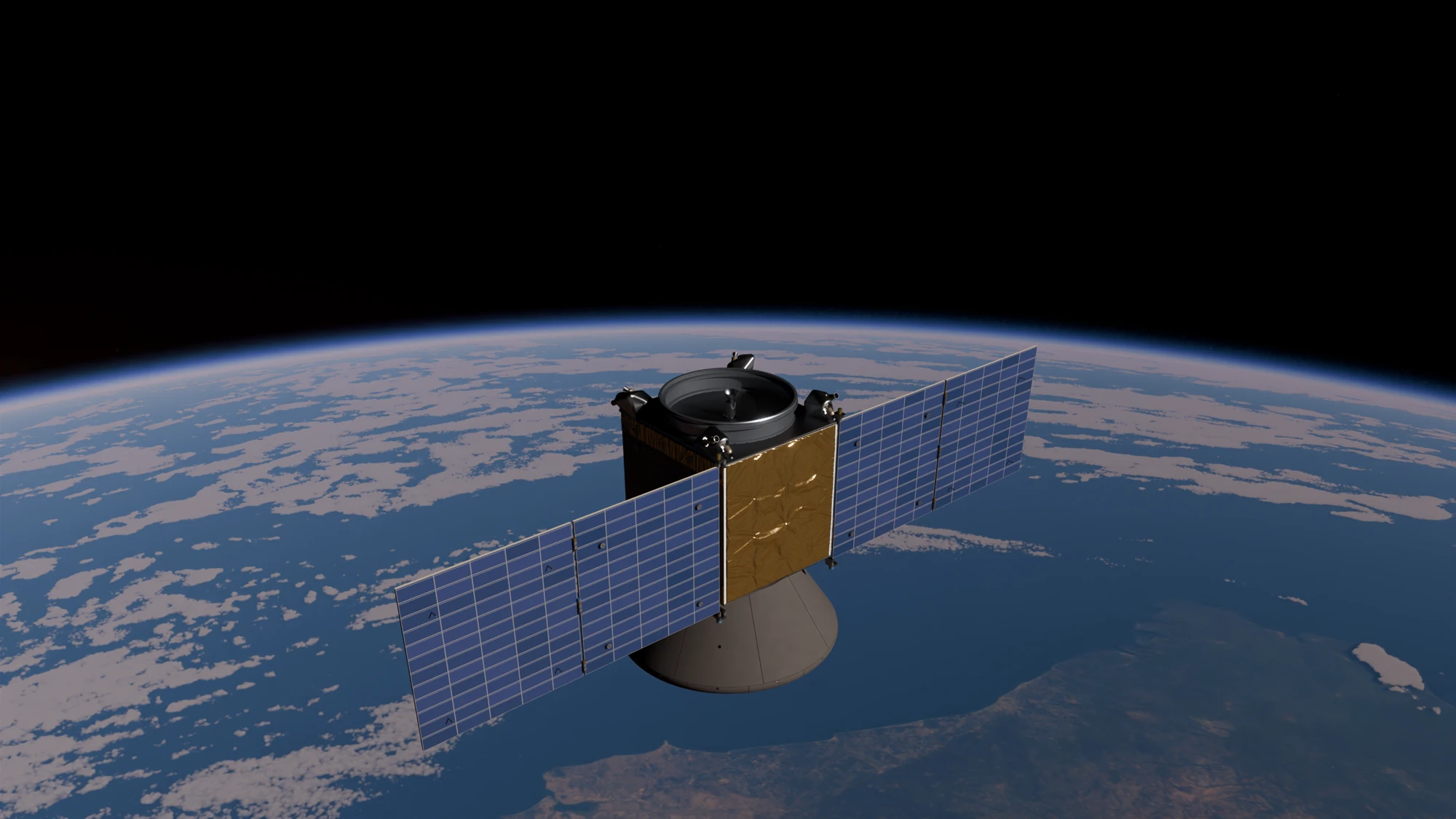 The Nazaré spacecraft in orbit in daylight, seen from above and to one side, its two blue solar wings open over the Atlantic, with clouds and the coast of Portugal below and the curve of the Earth behind