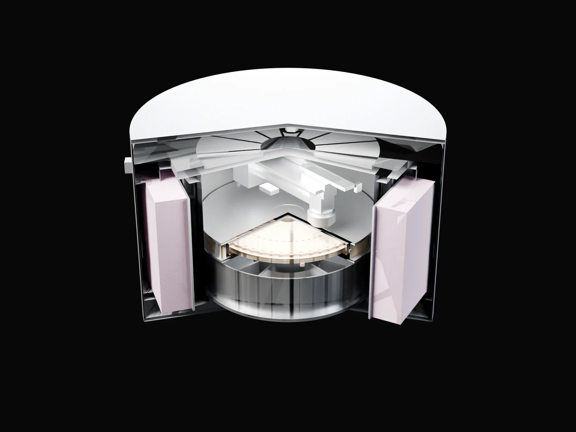 The robotic lab opened in steps: the skin and pressure barrel cut away to show the white wheel of cells, the microscope arm above it and pale phase-change bricks docked round the frame