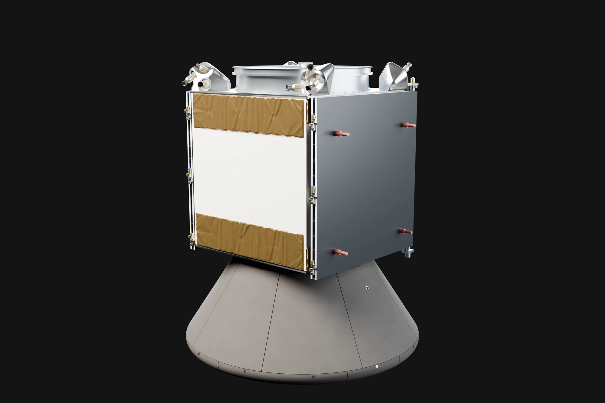 The stack in its launch configuration: the box with its wings folded flat against two sides, the launch ring on top and the capsule's cone under the box