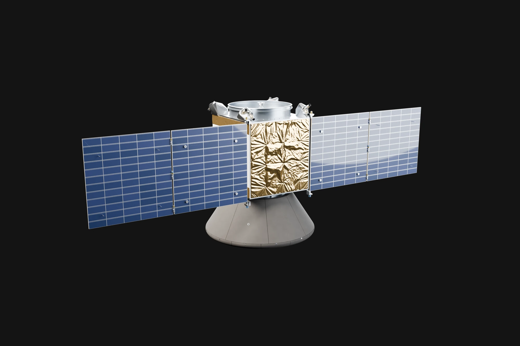 The spacecraft with both solar wings open, two leaves of blue cells each side of the box, the cone of the return capsule under it