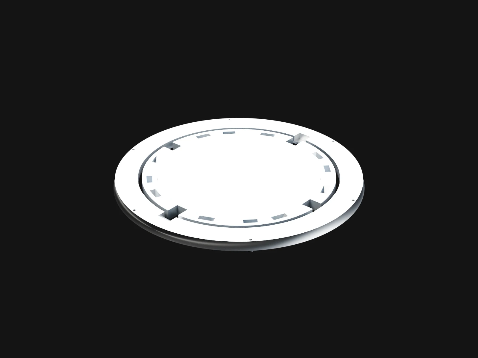 A flat white disc inside a silver flange ring with small nuts round it