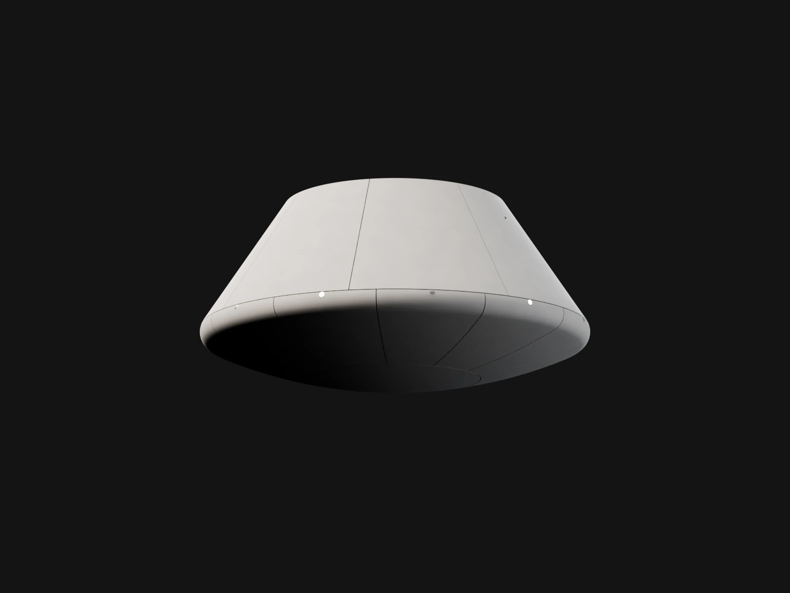 The return capsule seen from below, a dark dish of heat shield under a grey cone