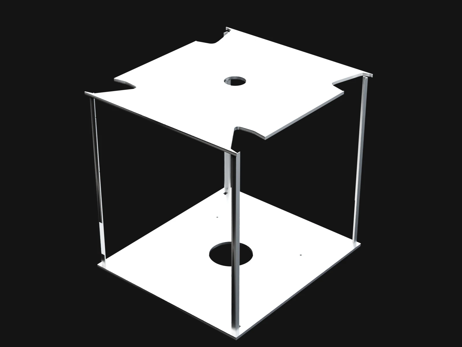 Two square white deck panels, one above the other, joined at their corners by four thin angles, with a round hole in each