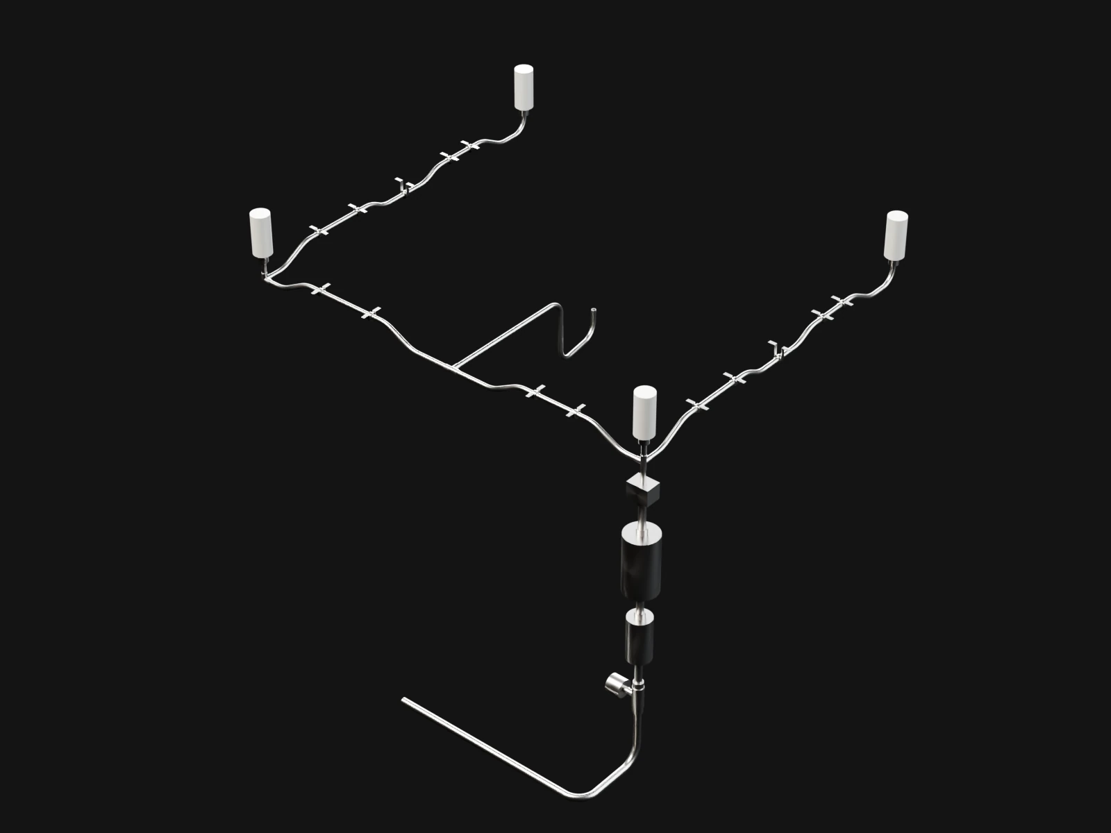 Thin silver propellant lines branching from one valve string out to four corners