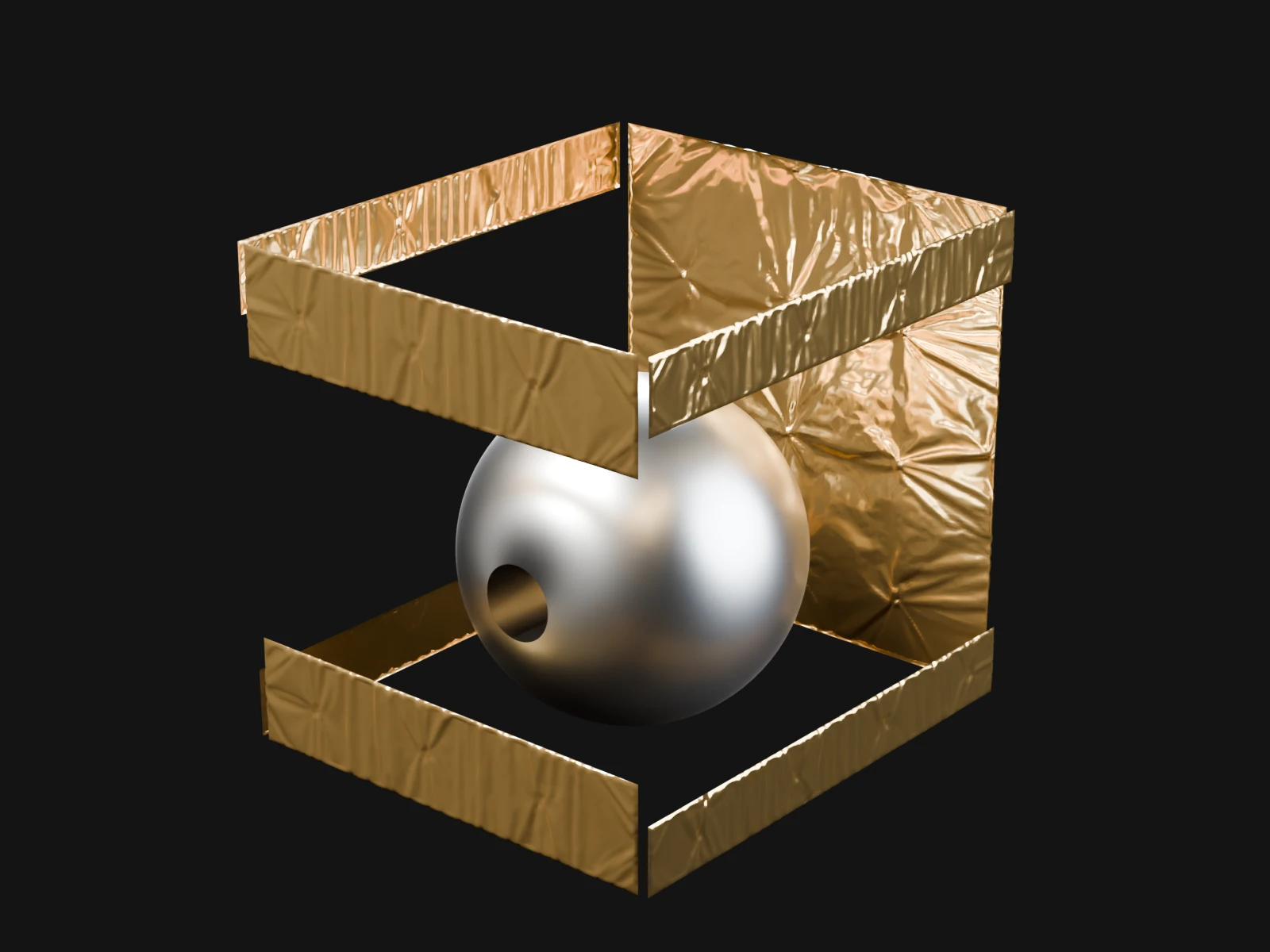 Soft, wrinkled gold insulation blankets, two bands round a box and one whole wall, round a silver sphere