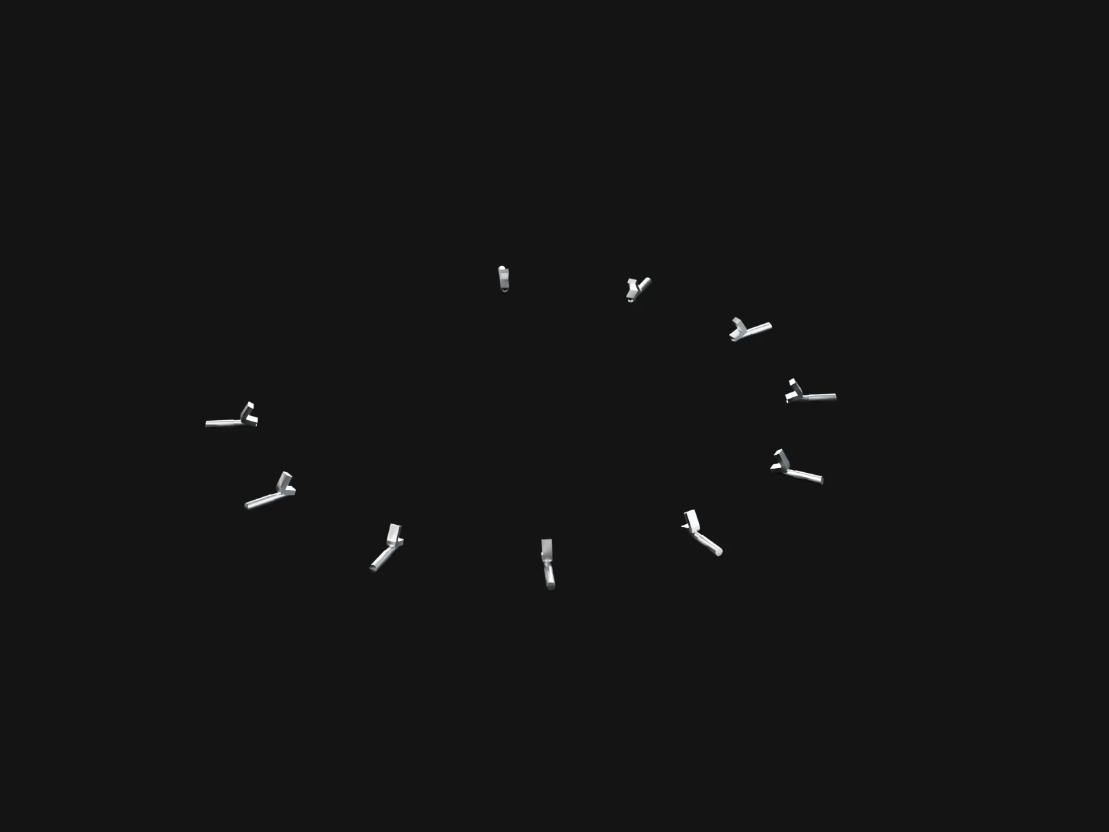 Ten small silver lugs spaced round a wide circle