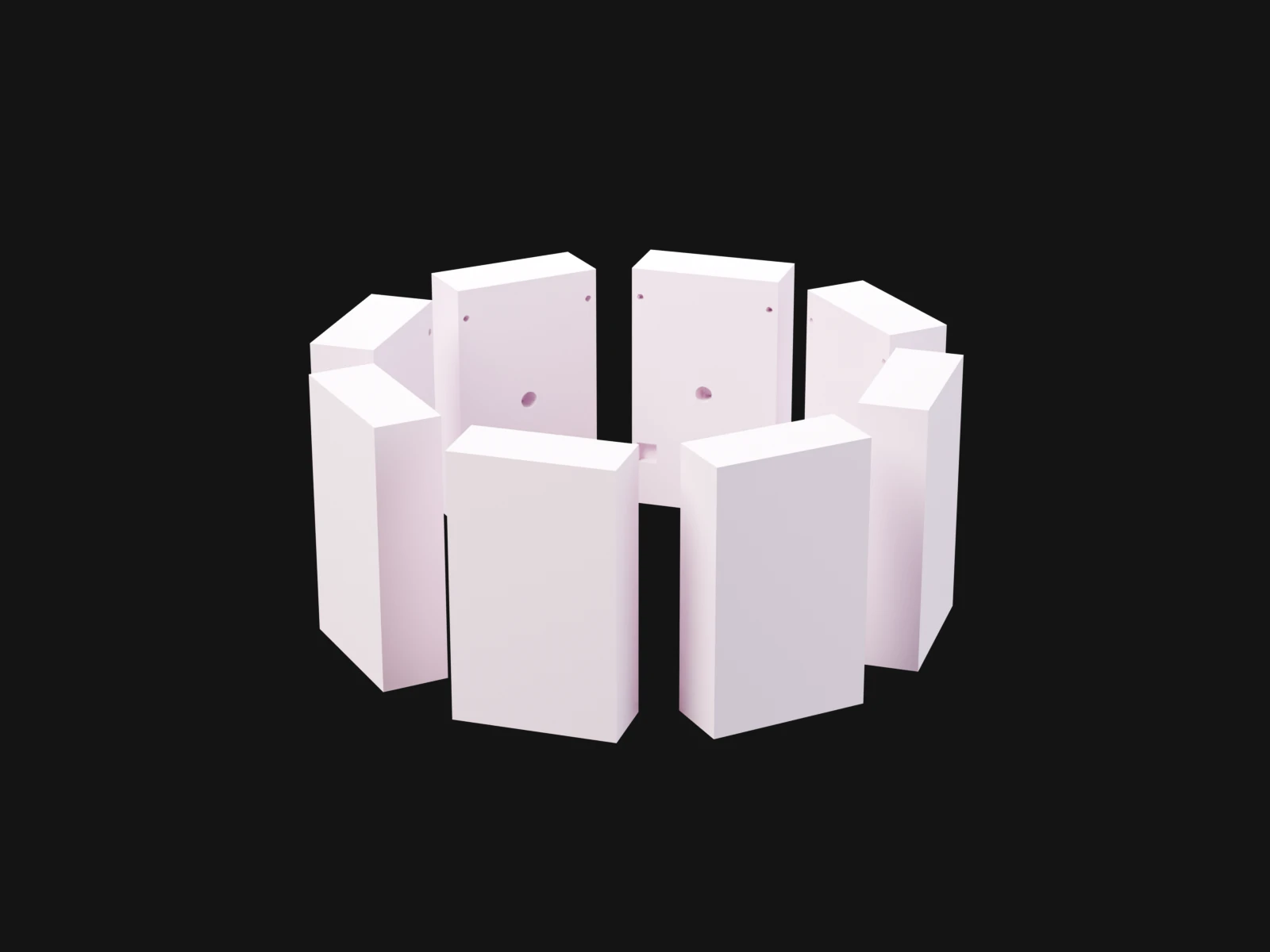 Eight pale rectangular modules standing in a ring: the phase-change bricks, sensor pods and blanks that dock on the lab frame
