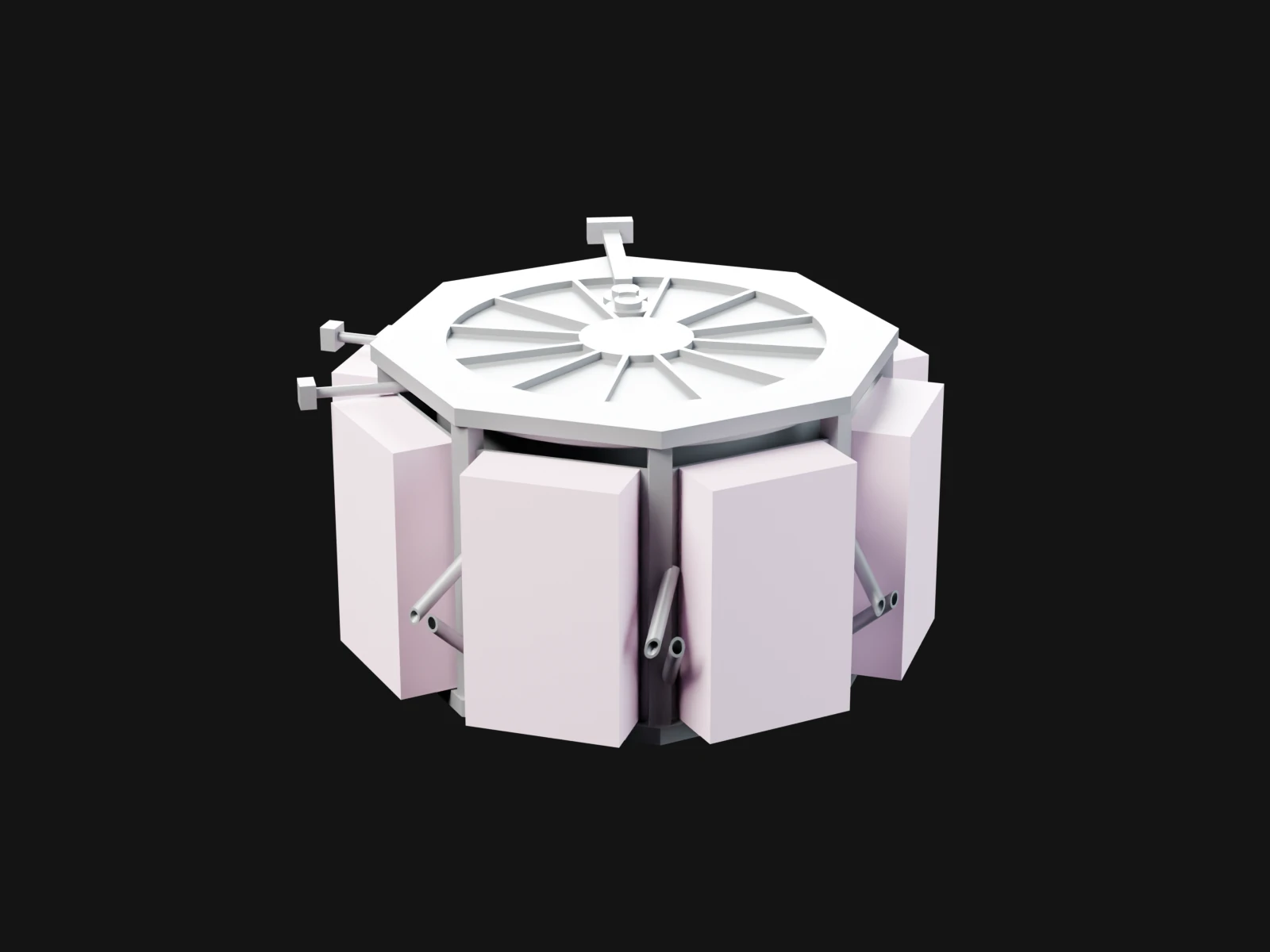 An octagonal grey frame with pale pink and grey modules docked on its faces