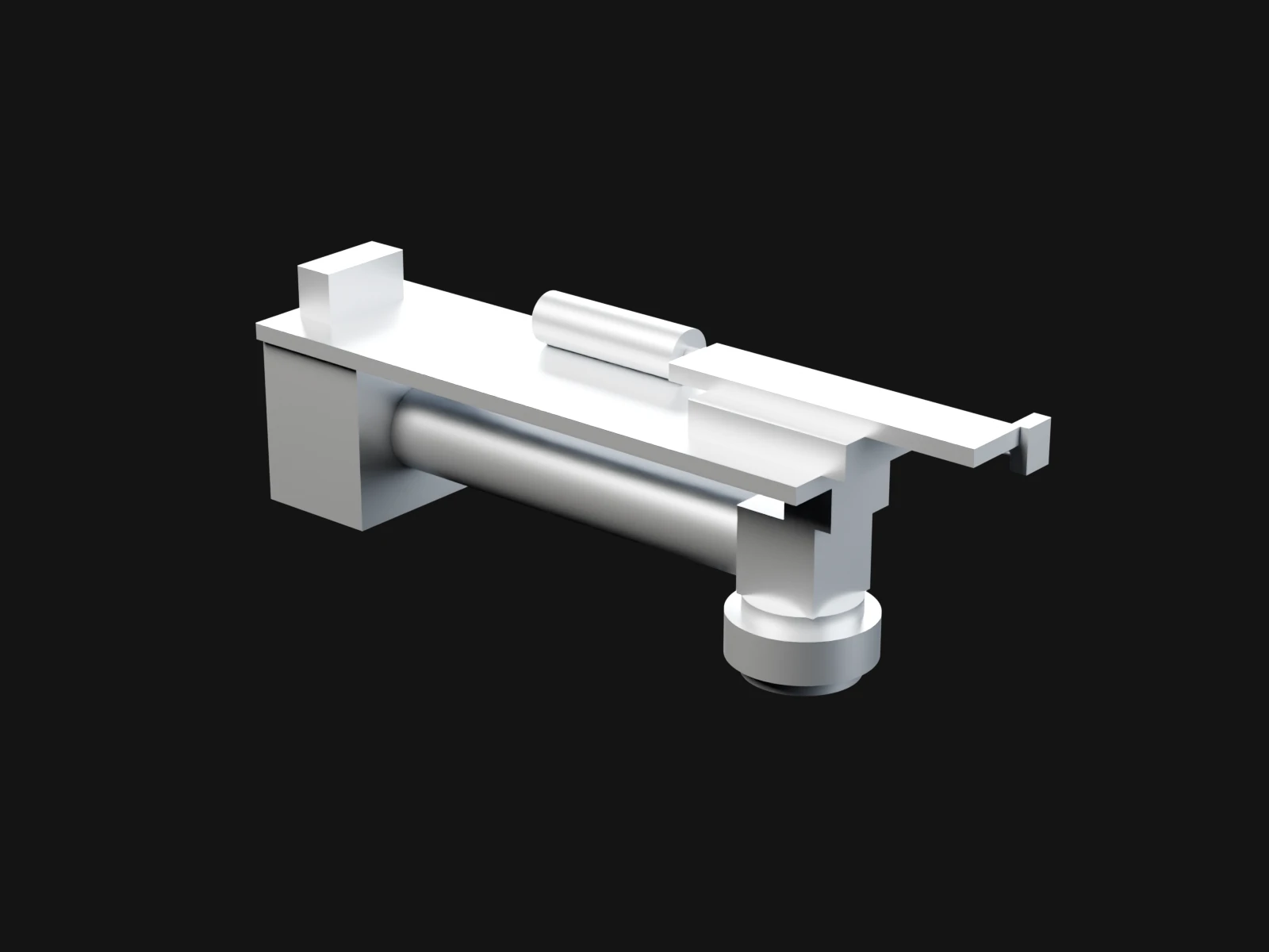 A grey optics block and objective on a carriage that runs along a rail