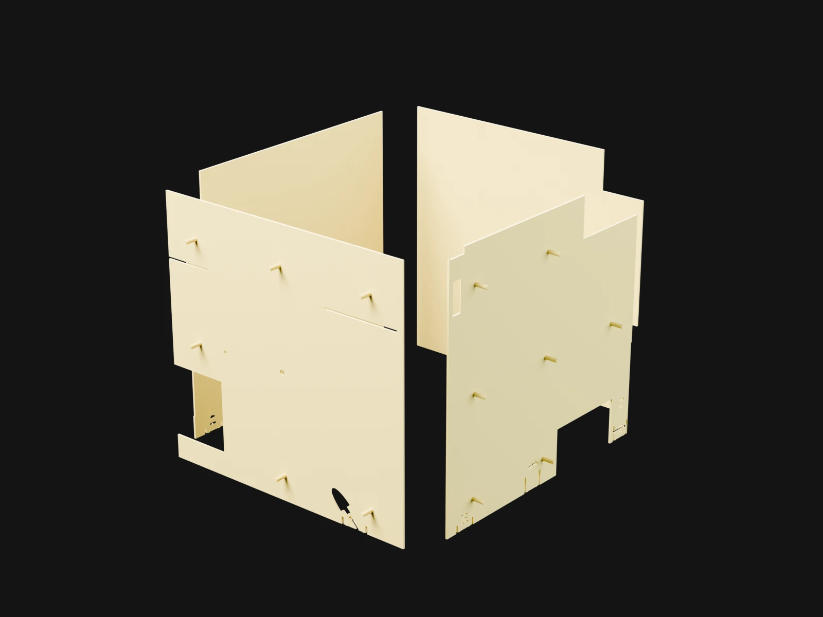 Four cream shield panels standing on posts round an open square