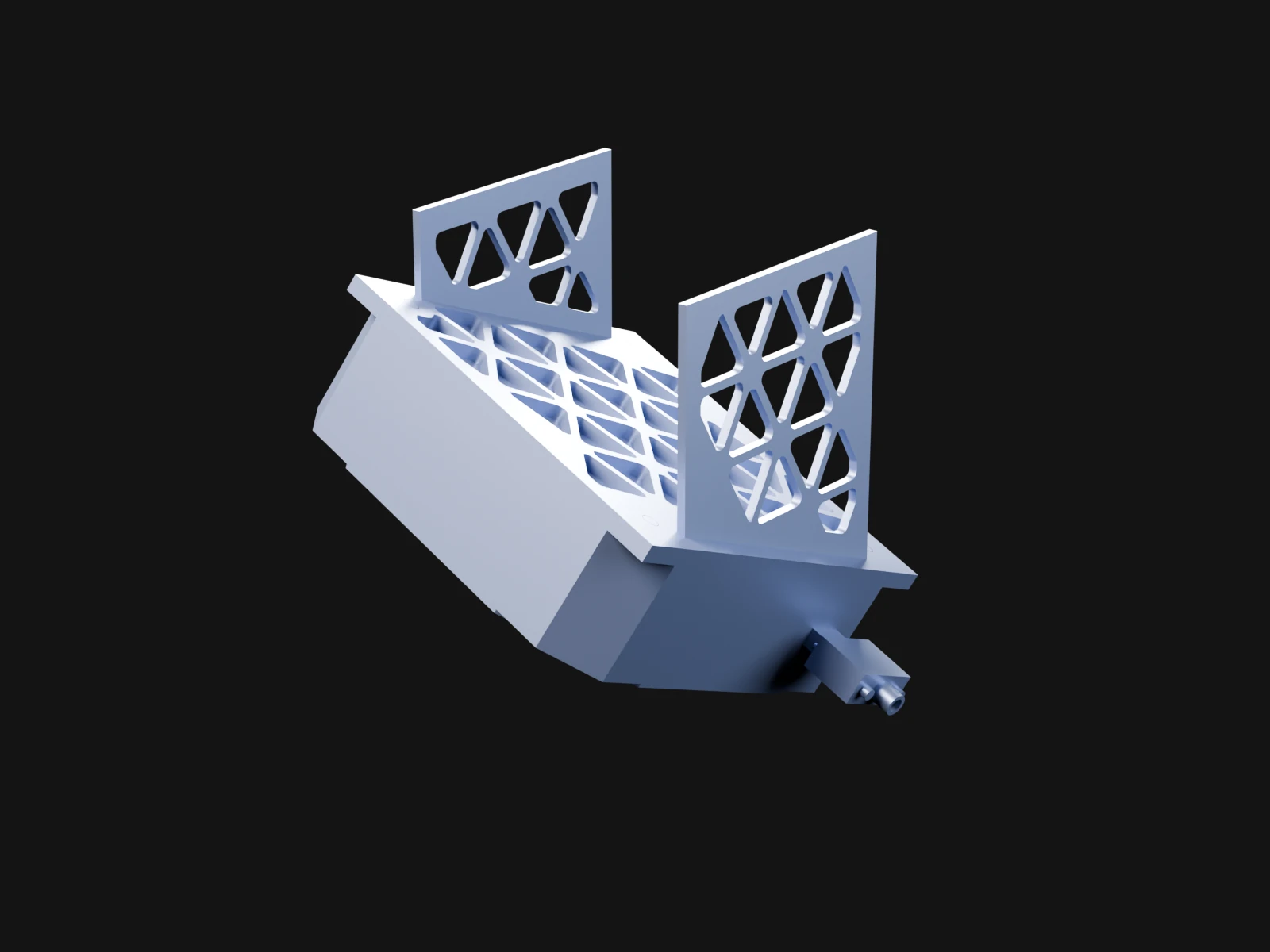 A pale blue reaction wheel housing bolted to a machined plate with two pocketed webs