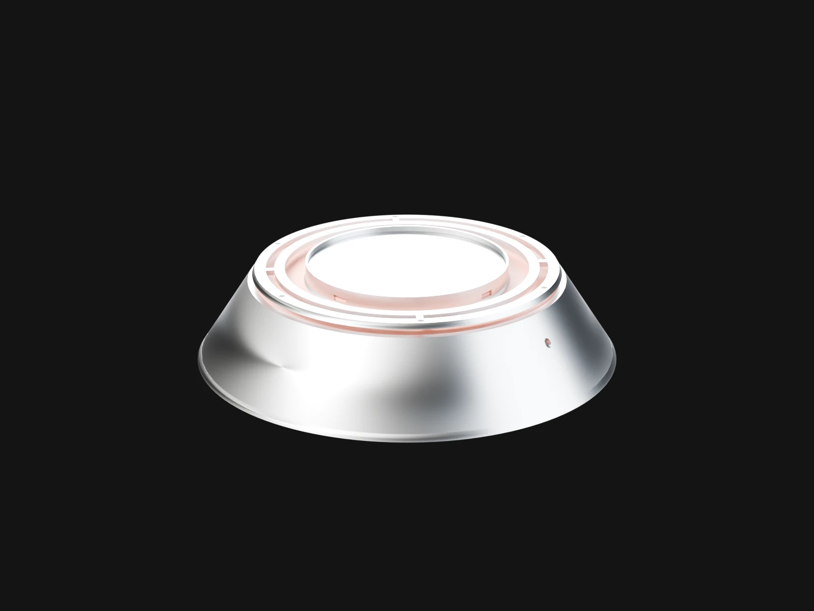 A silver shallow cone with a copper ring and a round cover on top