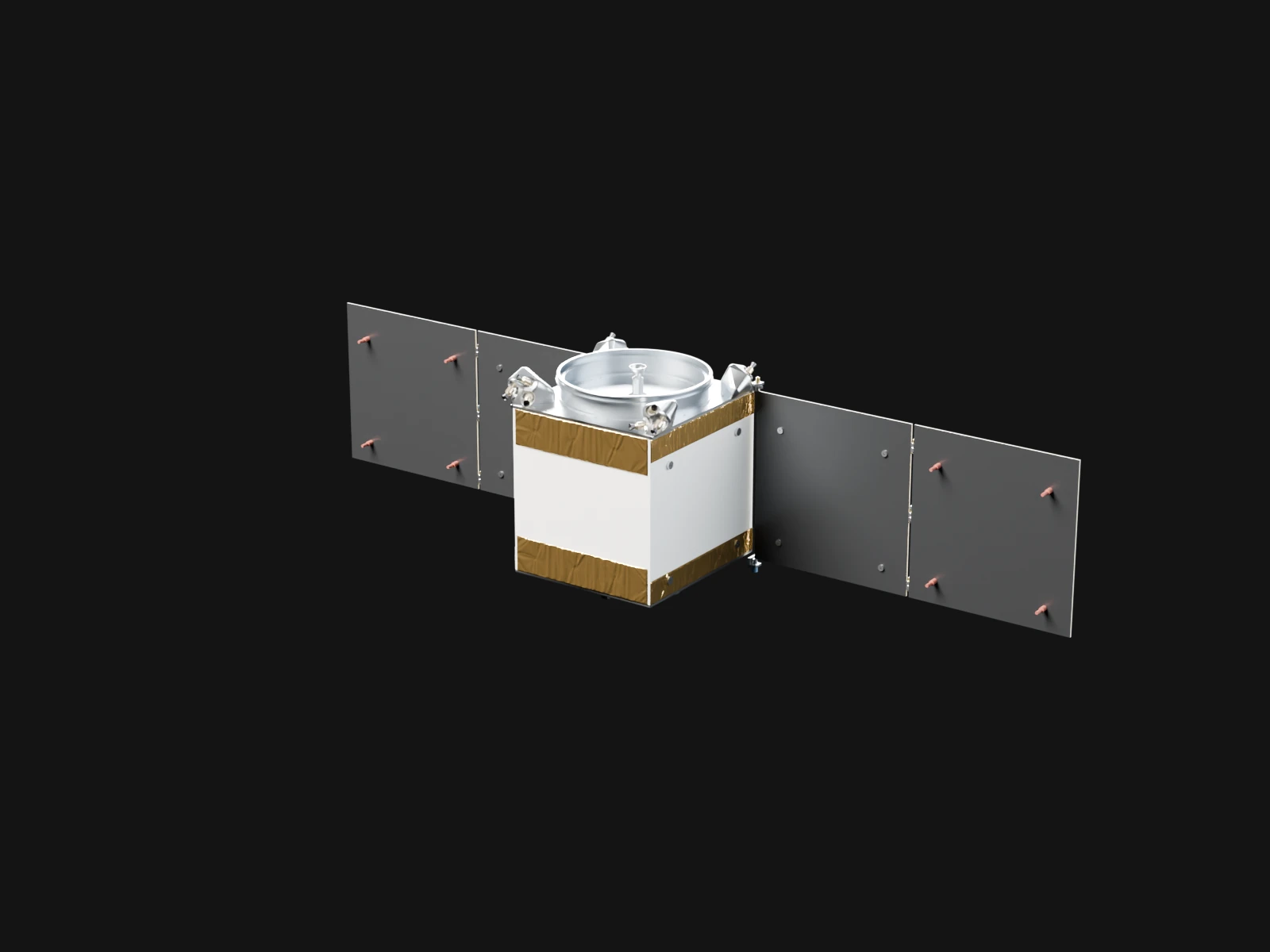 The service module alone in a dark studio, a box with a solar wing of two dark leaves on each side