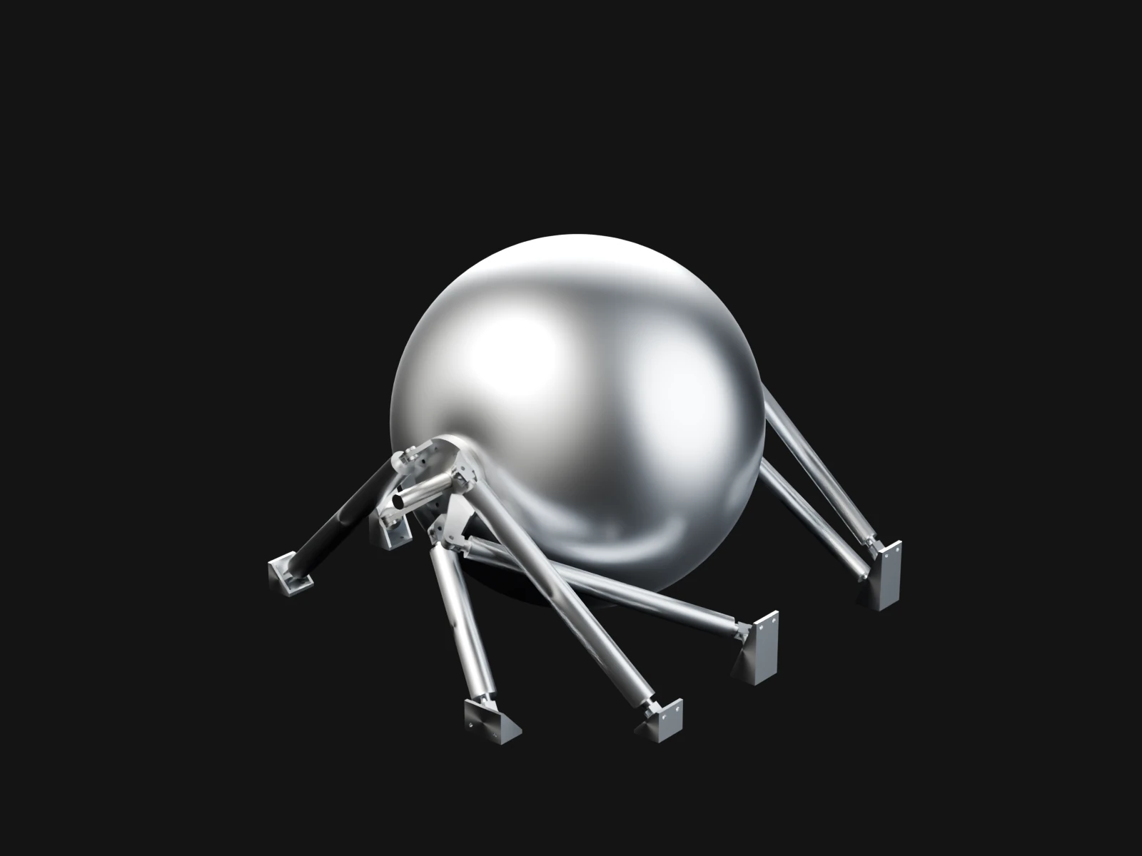 A silver spherical tank held by eight thin struts that run from fittings at its two poles out to corner fittings