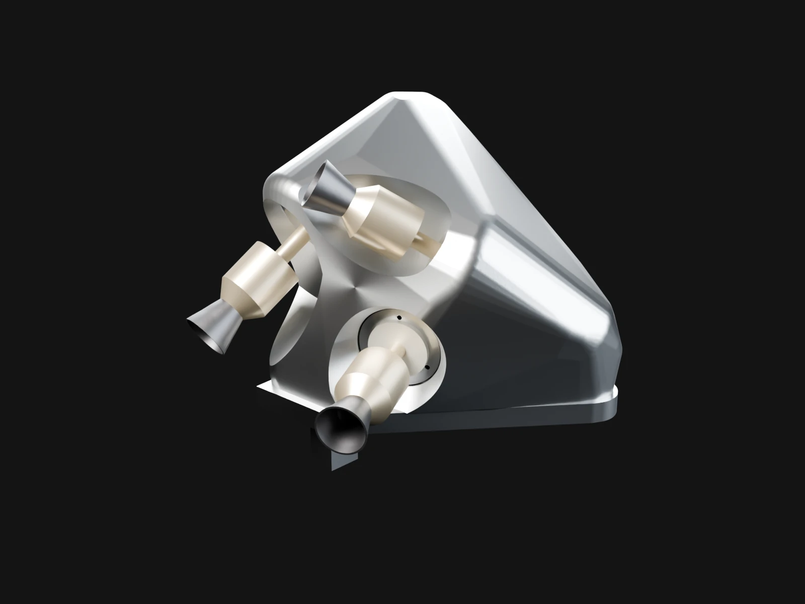 A printed silver pod shaped like a rounded wedge with three small thrusters pointing out of it in different directions