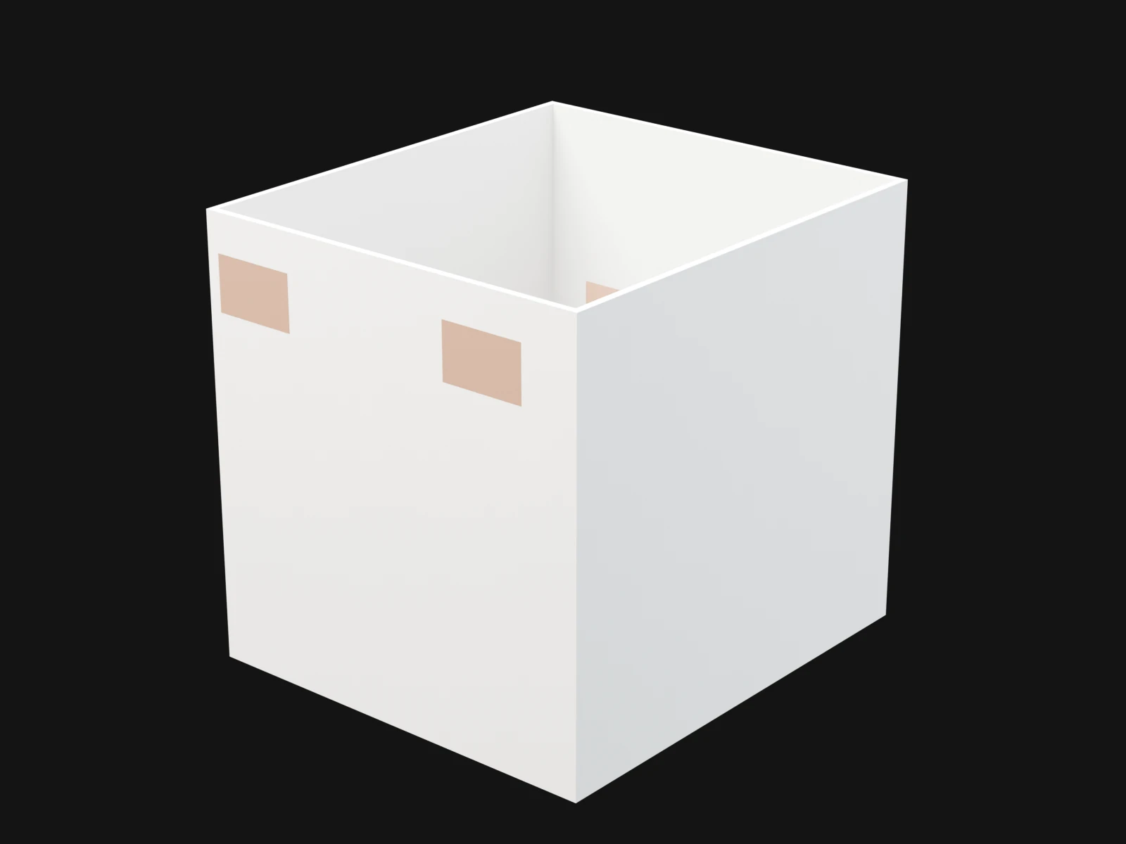 An open white box of four wall panels with two small doors on one side