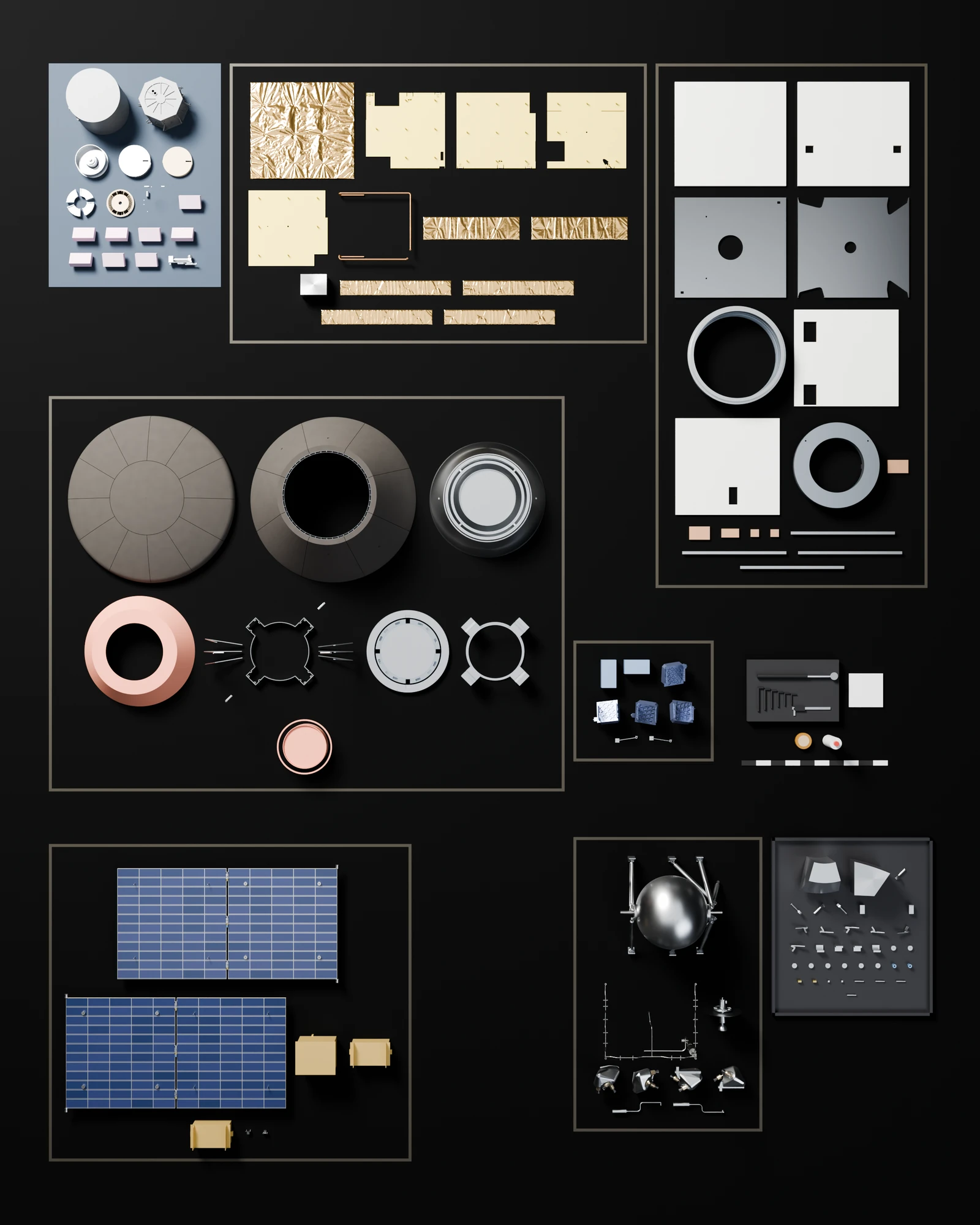 Every part of the Nazaré spacecraft laid flat on a dark clean-room floor and seen from above, in zones taped in yellow: the capsule's heat shield and backshell, the box's white walls and decks, gold insulation blankets, two blue solar wings, the propellant tank and four thruster pods, the reaction wheels, the robotic lab's parts on a blue mat, small parts in a tray, and a tool tray beside a 1 m scale bar