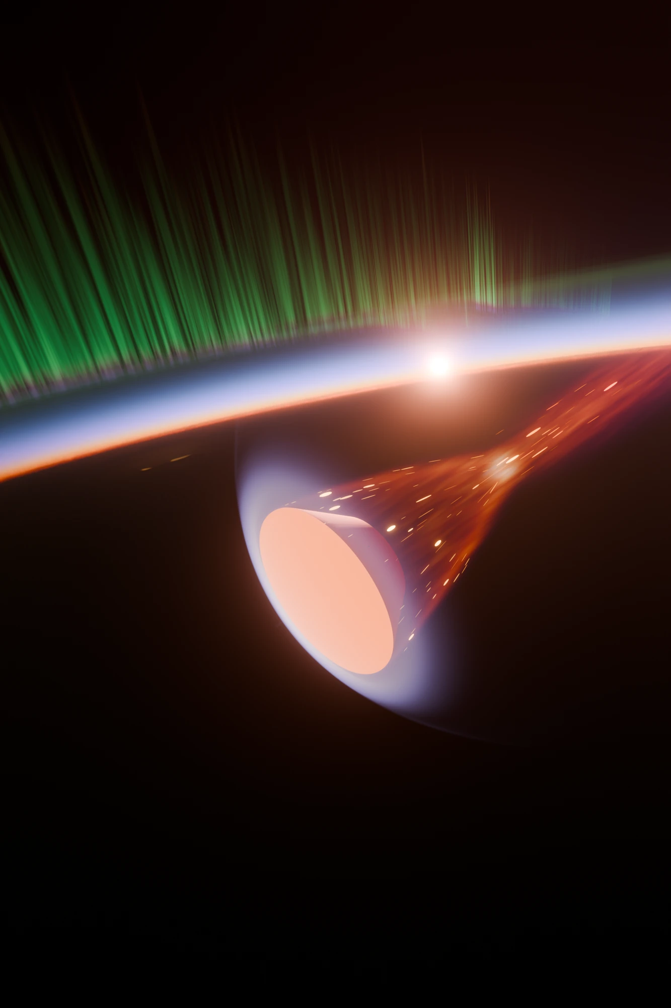 The return capsule in entry at sunset, its heat shield glowing, the plasma trail streaming back toward the Sun on the Earth's limb, green aurora curtains over the horizon