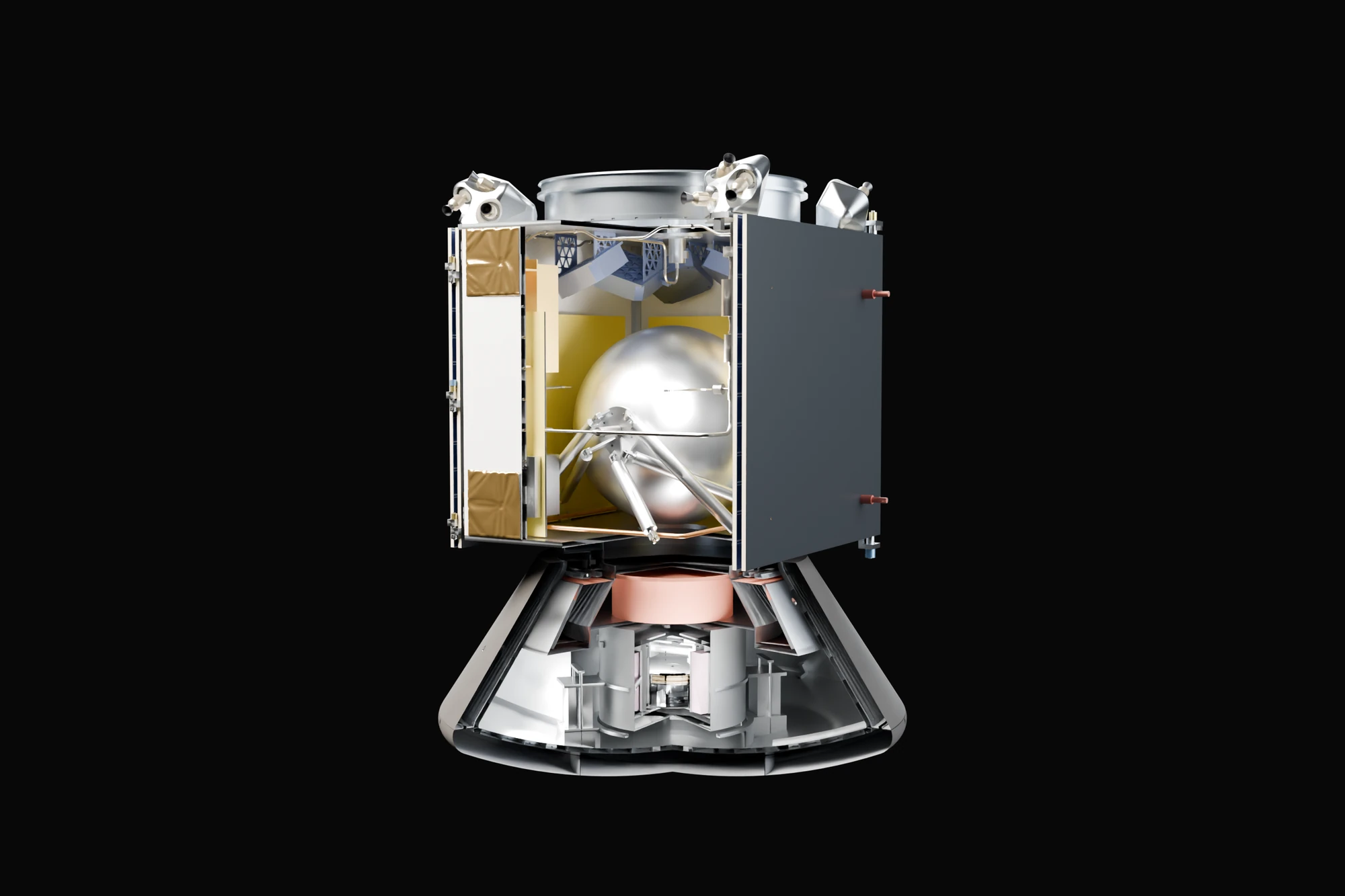 Cutaway of the whole stack: the box opened in a wedge to show the silver tank on its struts and the reaction wheels inside, and below it the capsule opened in steps down to the lab