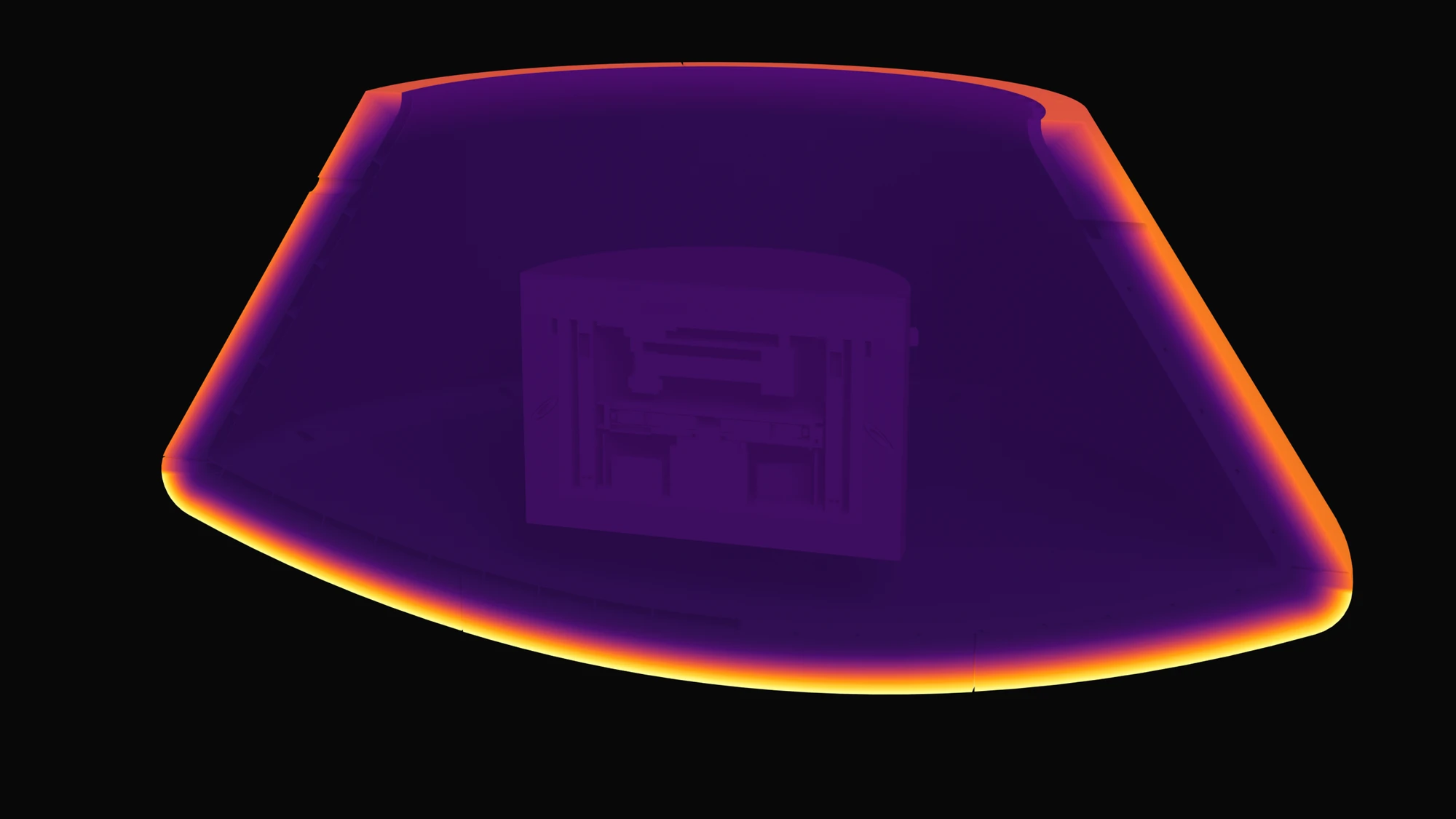 The capsule cut in half in false colour at peak heating: a thin yellow-white skin on the heat shield's face, purple everywhere inside