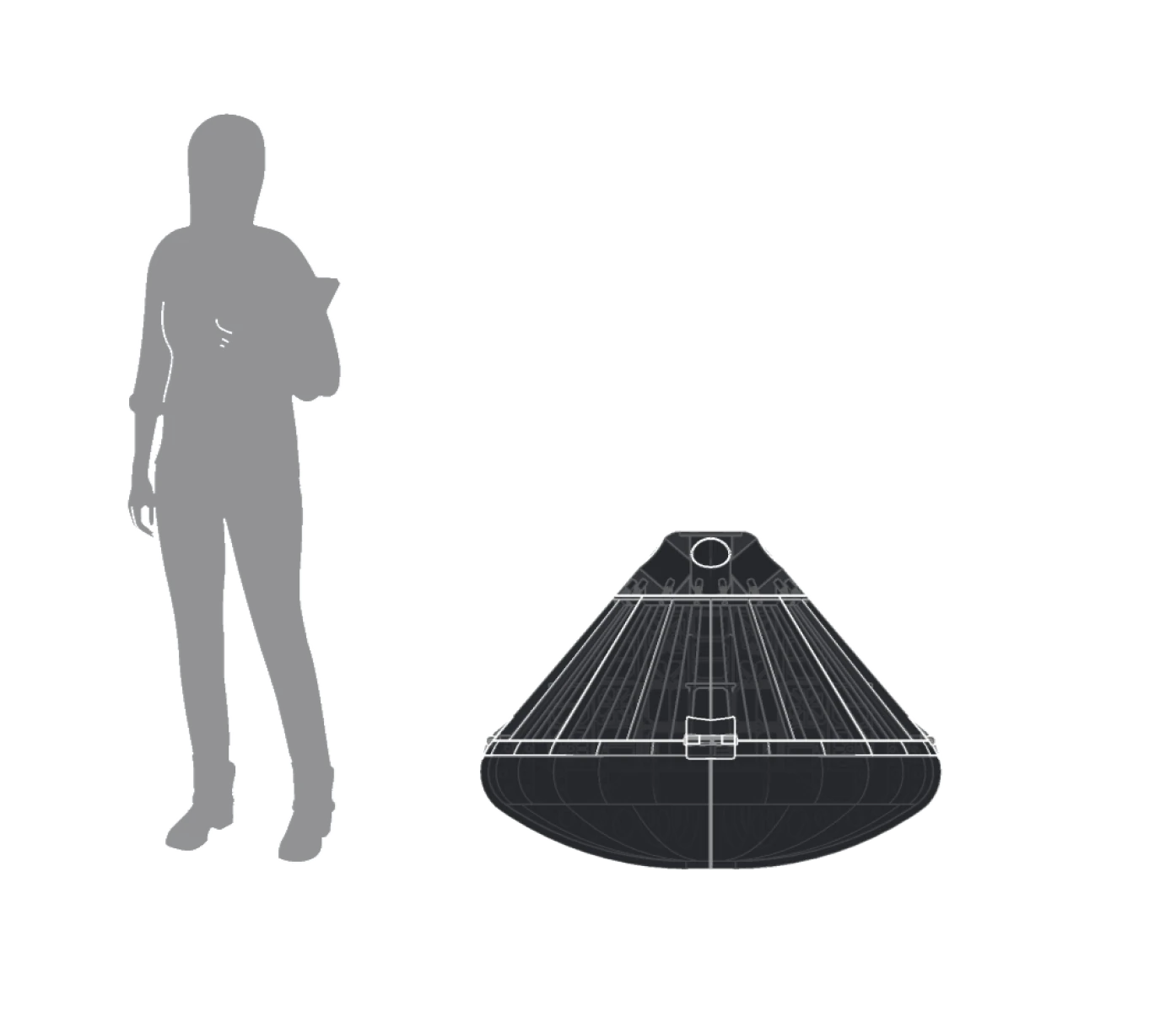 Technical drawing of the capsule beside a human figure, 1 m wide and 0.75 m tall